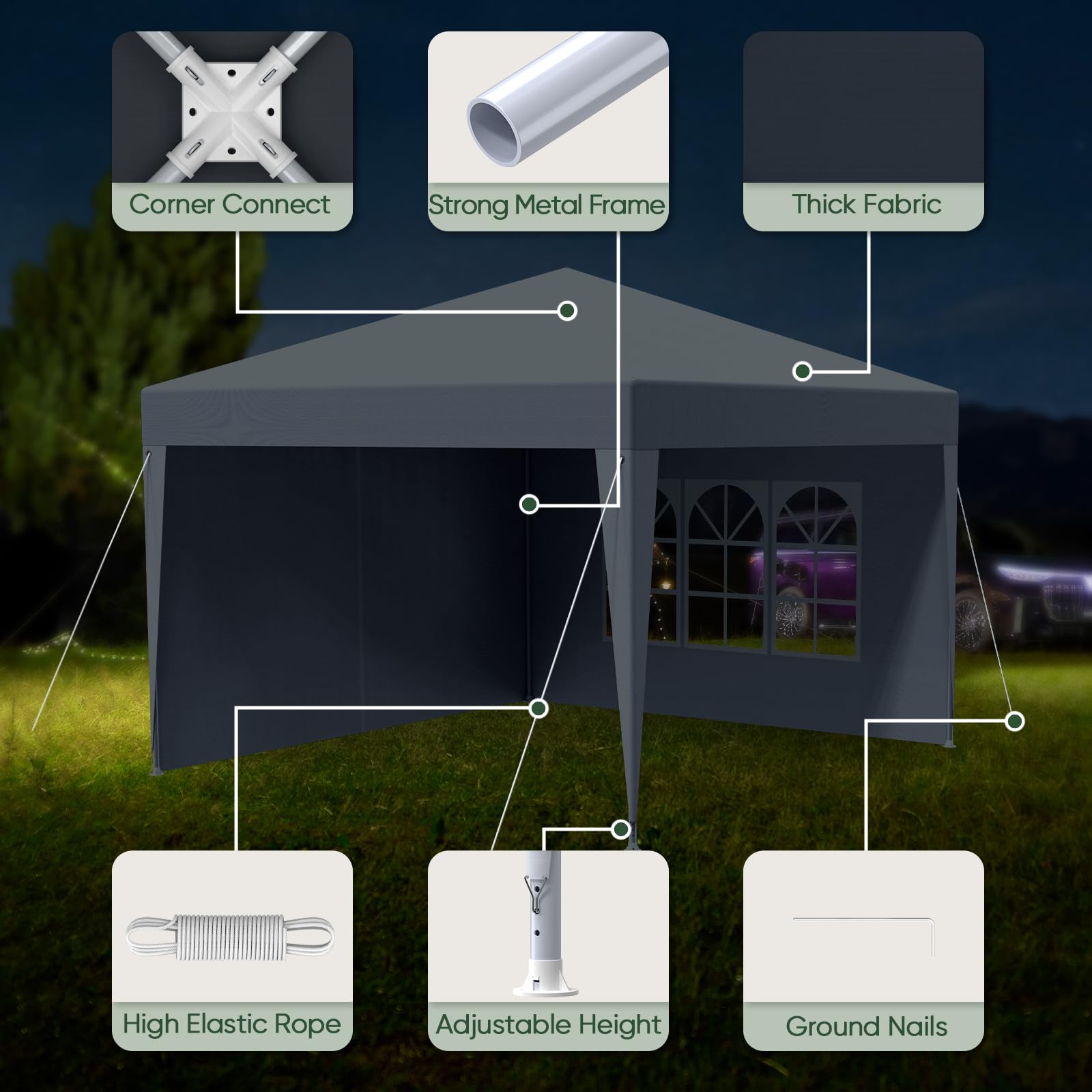 Tonnelle 3 x 3 m, imperméable, stable, résistante à l'hiver, tente de fête avec panneaux latéraux amovibles, protection UV, coupe-vent, tonnelle pliable, tonnelle de jardin, tente de jardin