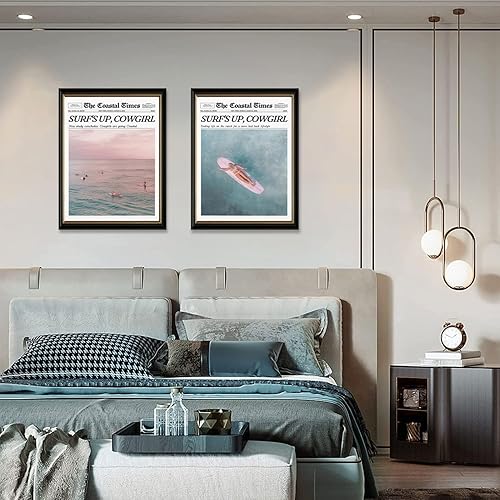 Miniatura 3 de 2 piezas de lienzo de playa rosa de moda, arte de pared, diseño de vaquera costera, decoración estética, póster de tabla de surf occidental,