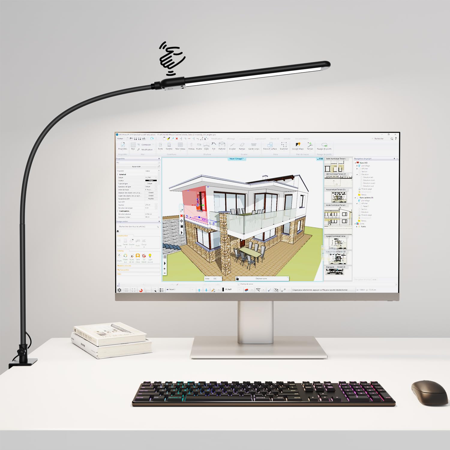 KableRika Lampada da scrivania 12W con sensore di gesti, lampada luminosa con morsetto per ufficio domestico, lampada a collo di cigno con 3 modalità di colore e luminosità regolabile