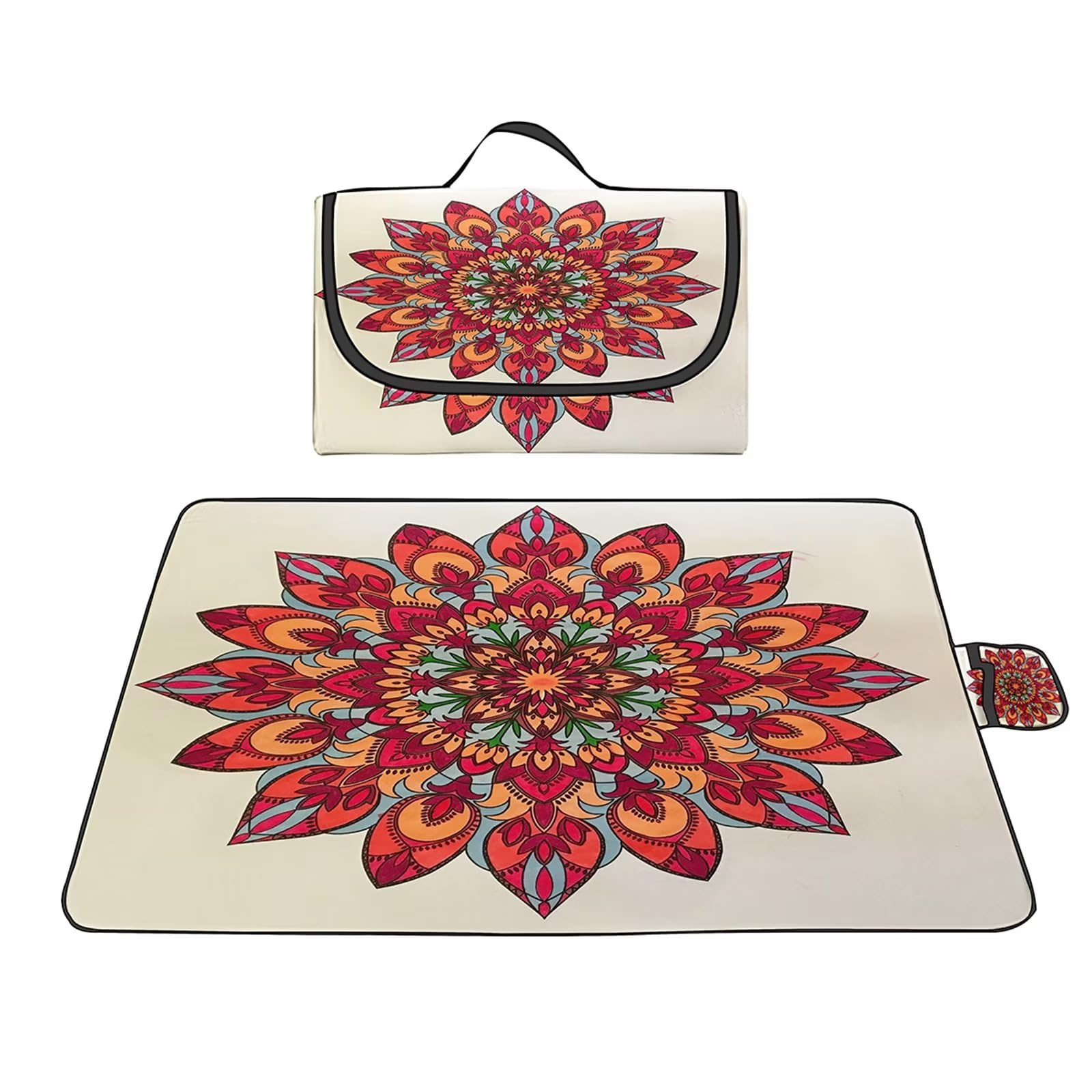 Manta de Picnic al Aire Libre, 150x200cm Alfombras de Playa, Mantas para pícnic Impermeable Prueba Arena Manta de Playa Plegable Portátil para Aire Libre Jardín Acampar Mantas Pícnic Mandala Rojo