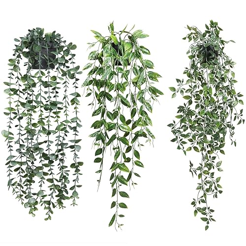 Fake Plants Artificial Hanging Plants 3 Pack Fake Potted Plants for Wall Home Room Office Indoor Decor - 3