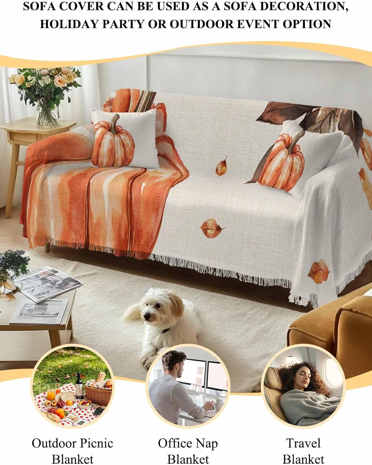 Farmhouse Pumpkin Sofa Cover Couch Cushion Slipcover,Thanksgiving Fall Harvest Autumn Orange Armchair Sectional/Individual/L/T Shape Sofa Couch Furniture Non Slip Throw Blanket Cover,S 71"x91"