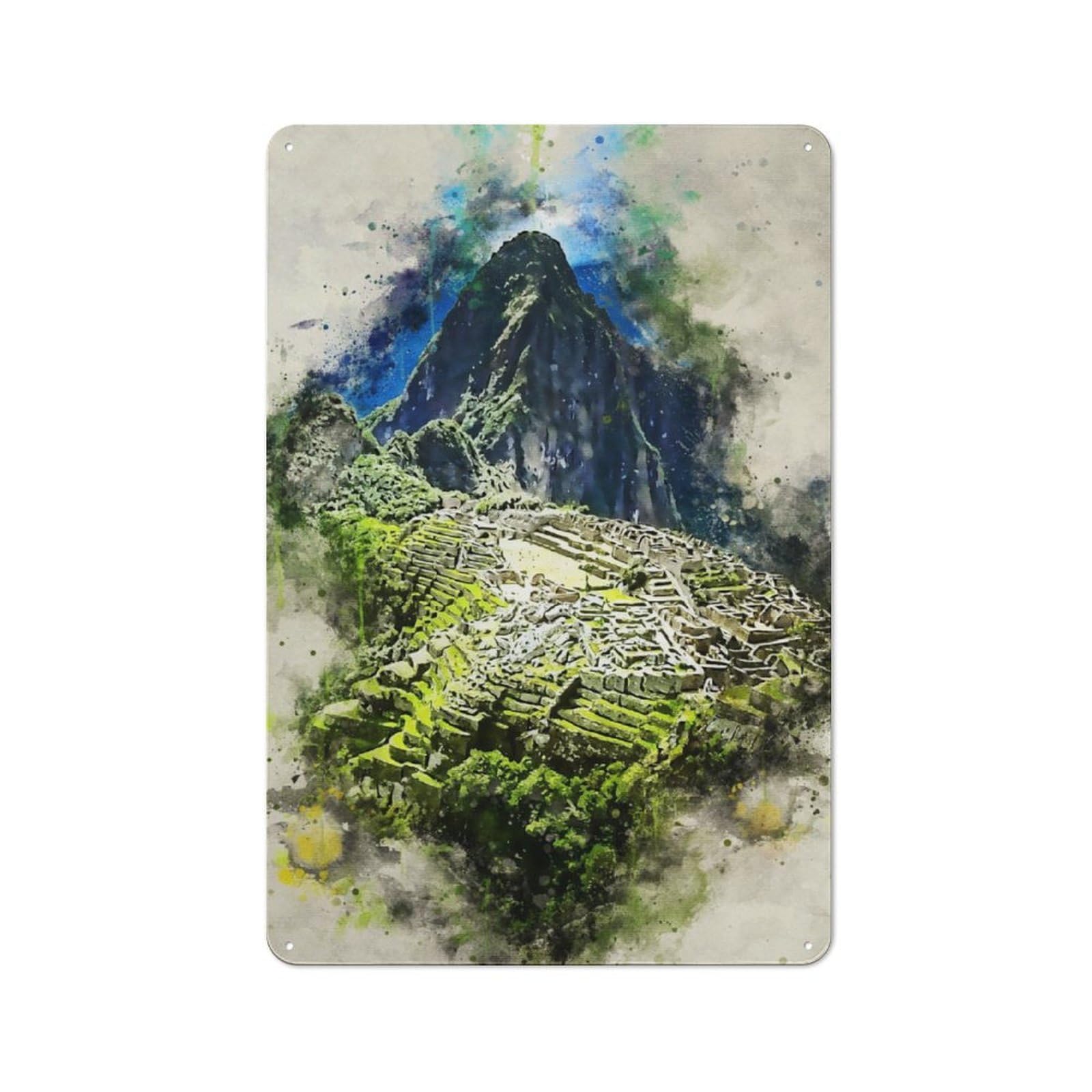 Junmoney Machu Picchu In Watercolor Industrial-Style Tin Sign 30X20cm For Pub Or Café, Suited To Pub Decor Enthusiasts