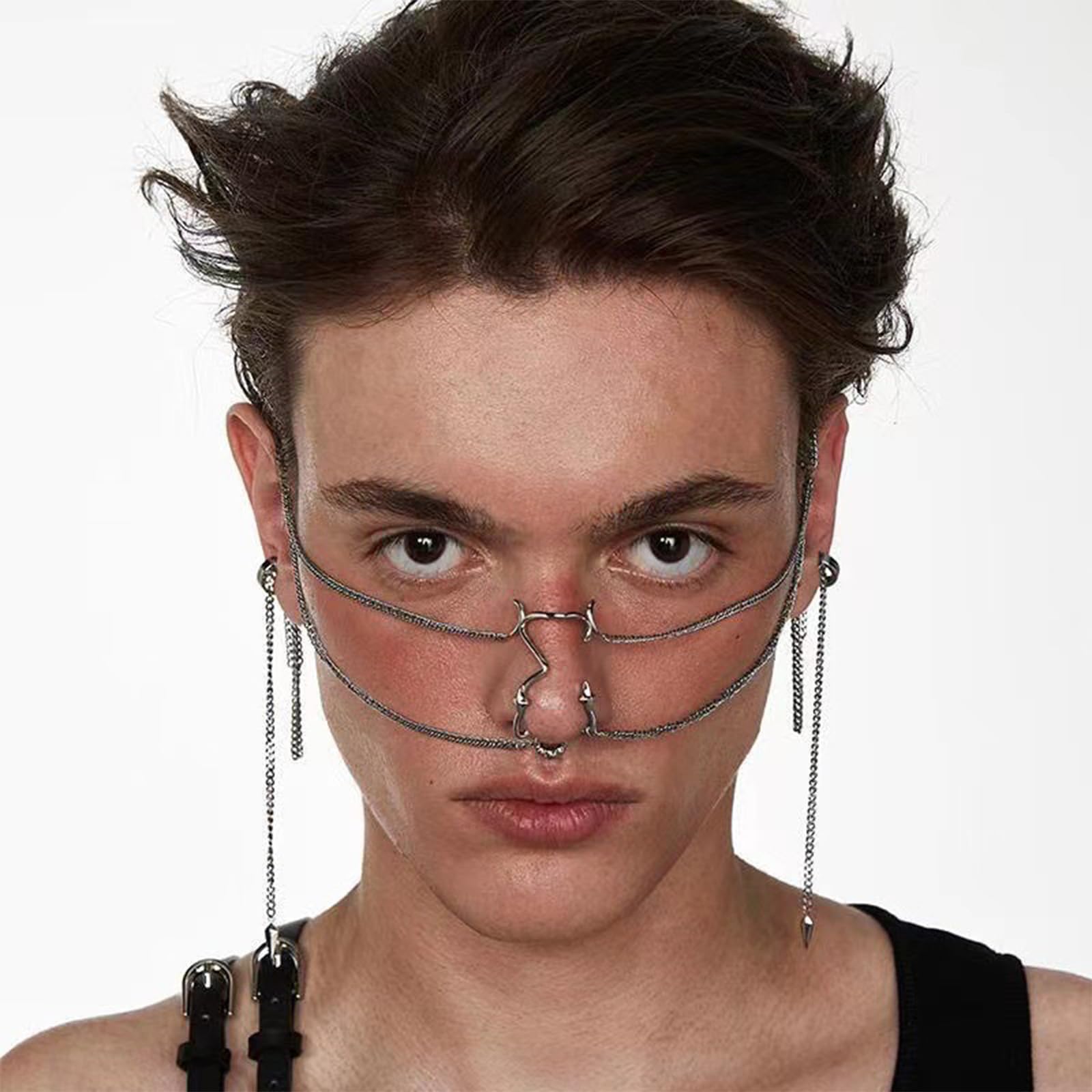 NICENEEDED Punk Mechanical Face Mask, Cyber Punk Face Chain, Masquerade Mask Gothic Steam Half Mask Face Wear Accessories Halloween - Image 4
