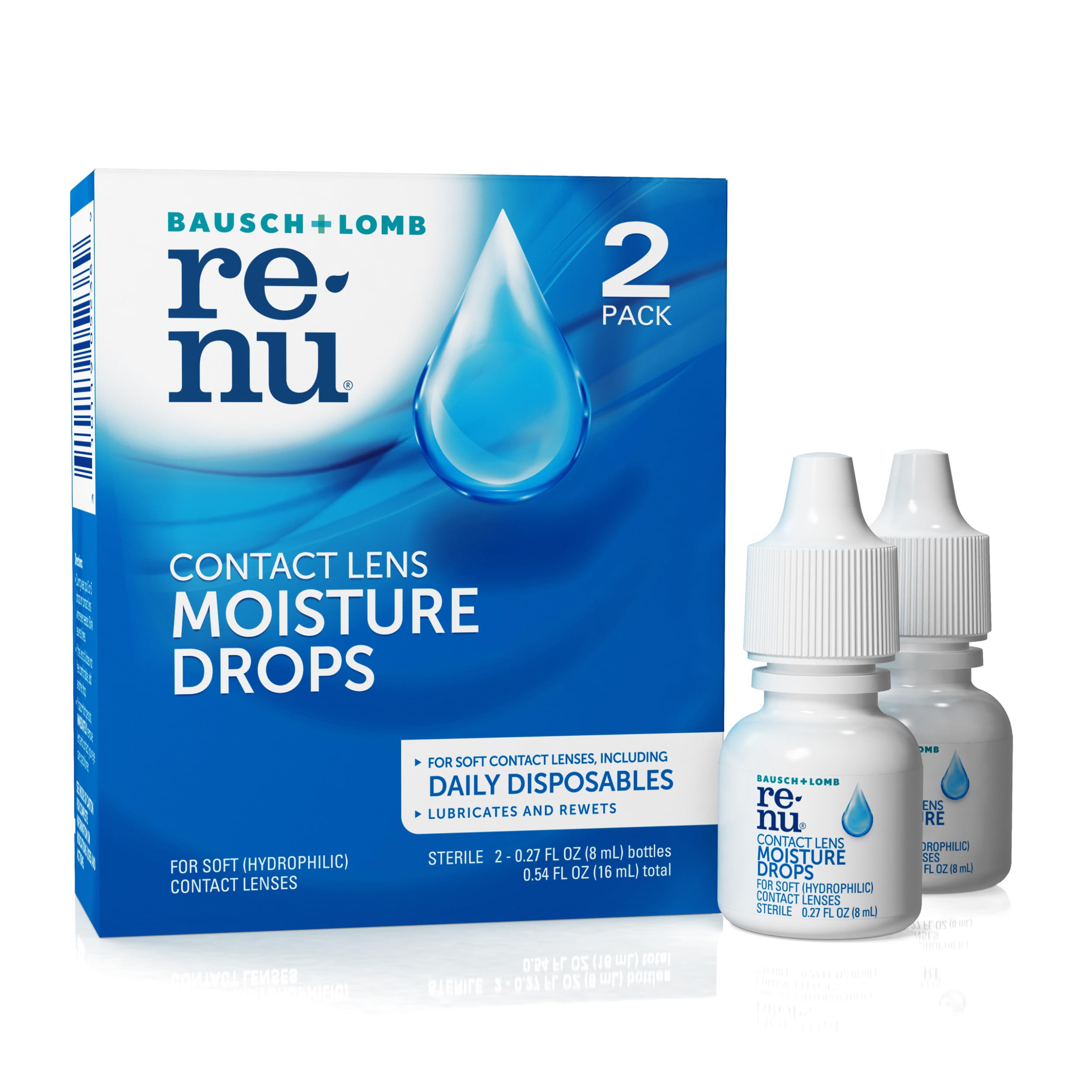 Renu Lubricant Eye Drops, Rewetting Drops for Contact Lenses, Rehydrates Soft & Disposable Lenses, Soothes & Moisturizes Eyes for Comfort, 0.27 Fl Oz (Pack of 2)