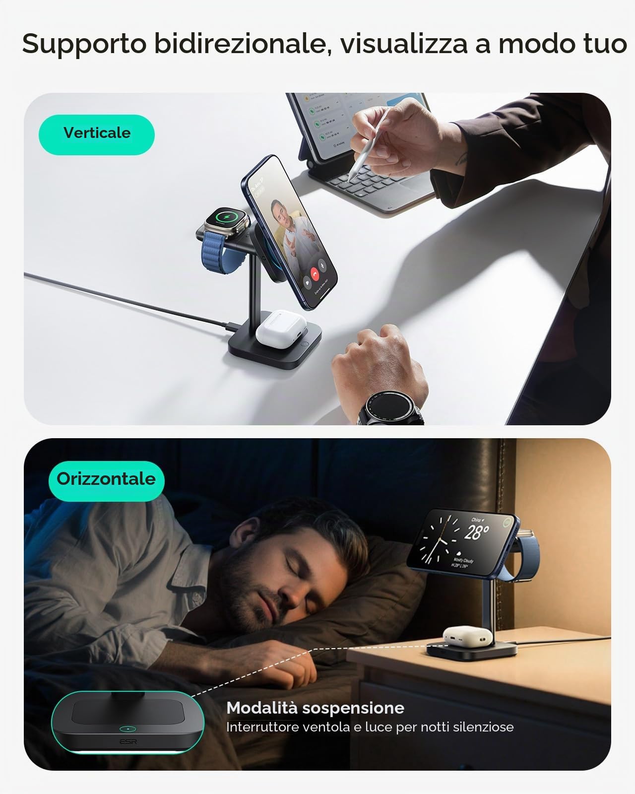 ESR Caricatore 3 in 1 per iPhone 17, Qi2.2 Caricatore Wireless per iPhone | Ricarica Induttiva da 25W con CryoBoost, Wireless Charger per iPhone 16 con iOS 26, Apple Watch, AirPods, Adattatore da 65W
