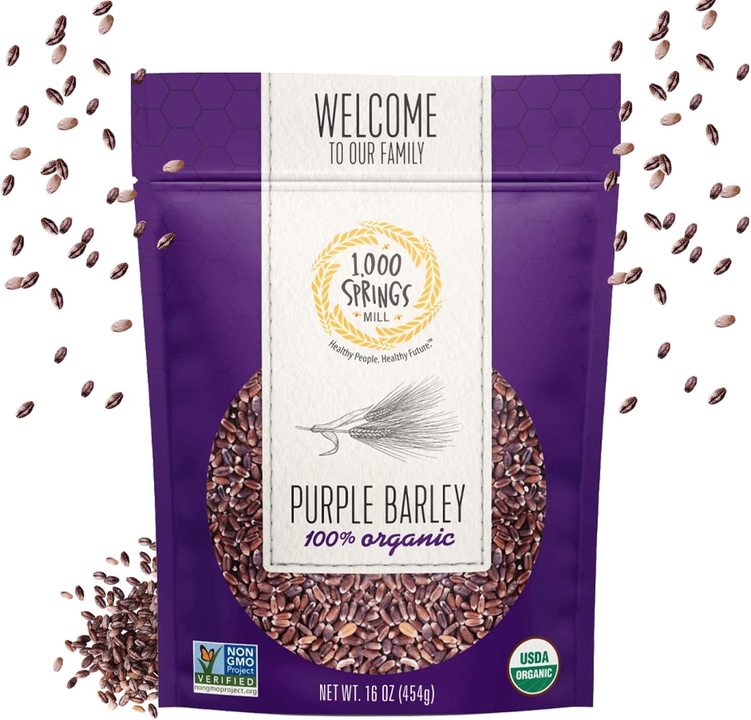 1000 Springs Mill - Organic Purple Barley | Used for Cereals, Salads, Whole Wheat Bread, Fresh Barley Flour, Sprouting Seeds, and more | Bulk Dried Grain | Resealable Bag | 16oz (Pack of 1)