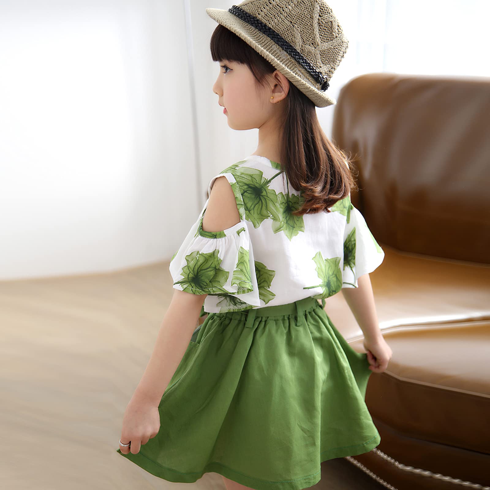 amropi Fille D'été Vêtements Set À Fleurs Tops Manches ébouriffer + Mini Jupes 2 Pièces Ensemble 3-12 Ans