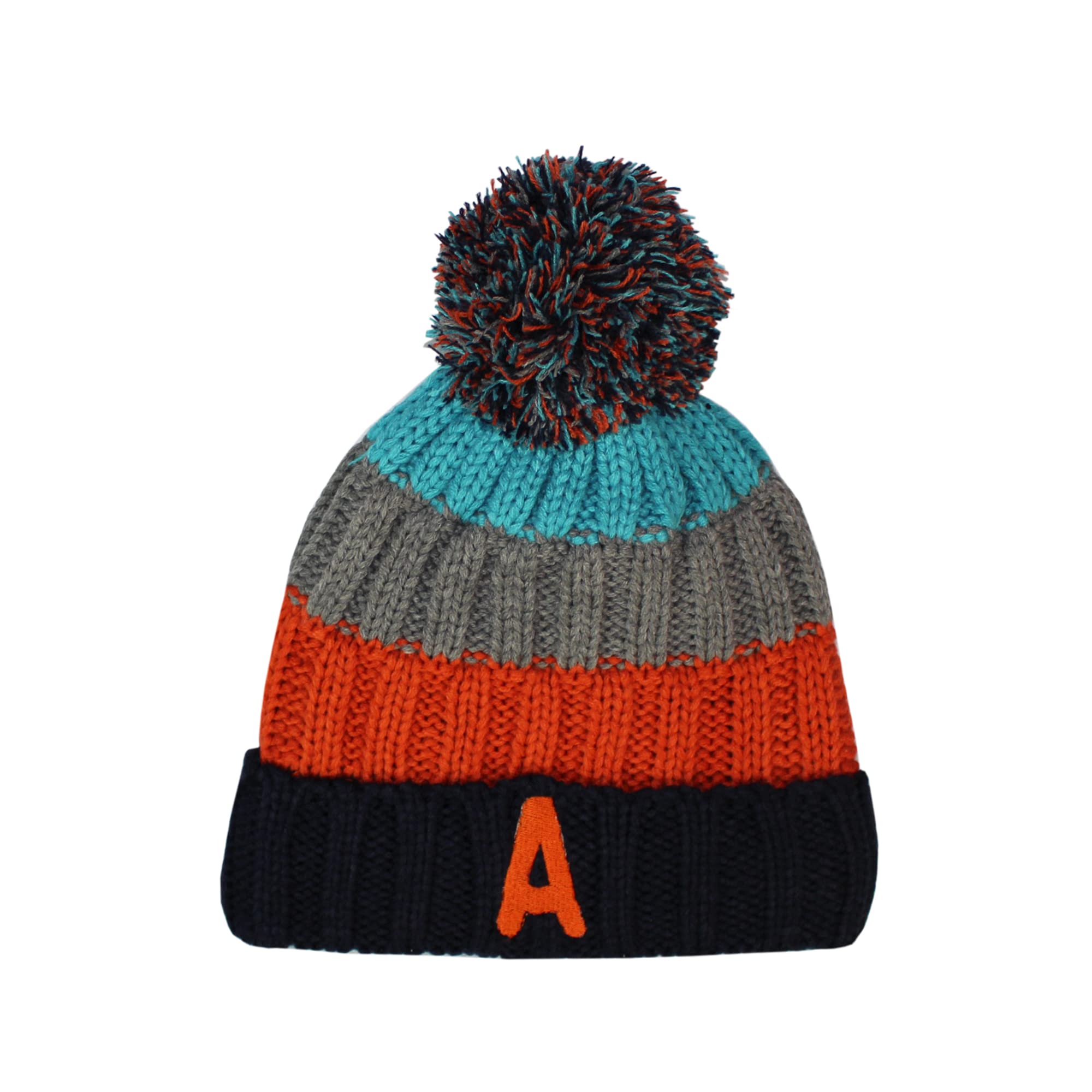 Teddyts Boys Pink Personalised Initial Striped Chunky Knitted Bobble Hat With Large Pom Pom One Size