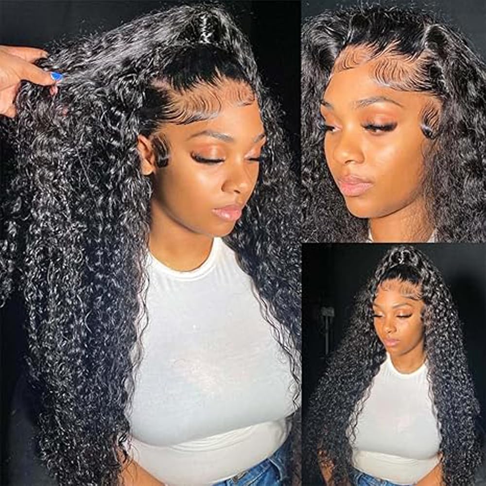Human Hair Wig Water Wave Natural Black 13x4 Lace Front 34 Inch