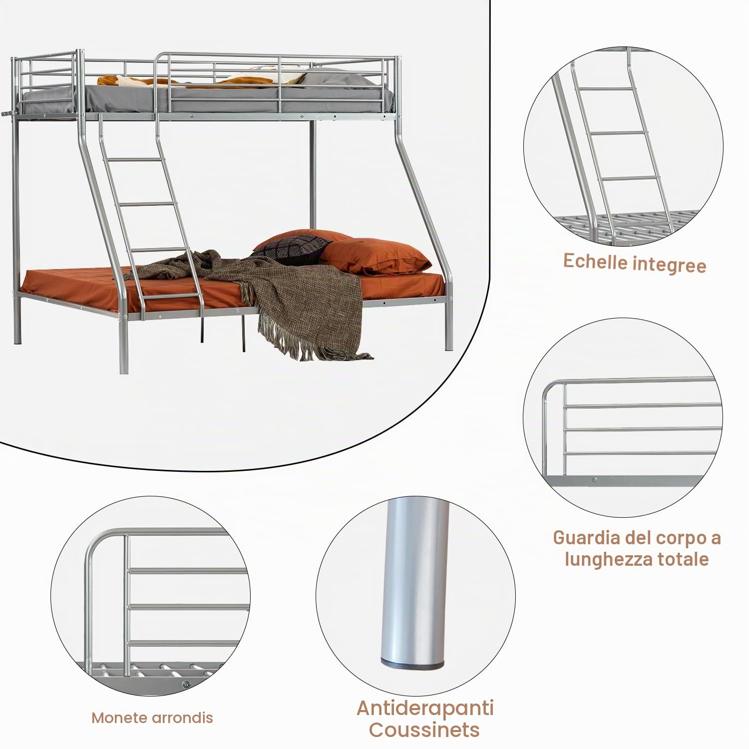 MEUBLE COSY Letto a castello a 3 posti in metallo con rete a doghe, telaio per letti 90 x 190 e 140 x 190 cm, per bambini adulti, grigio