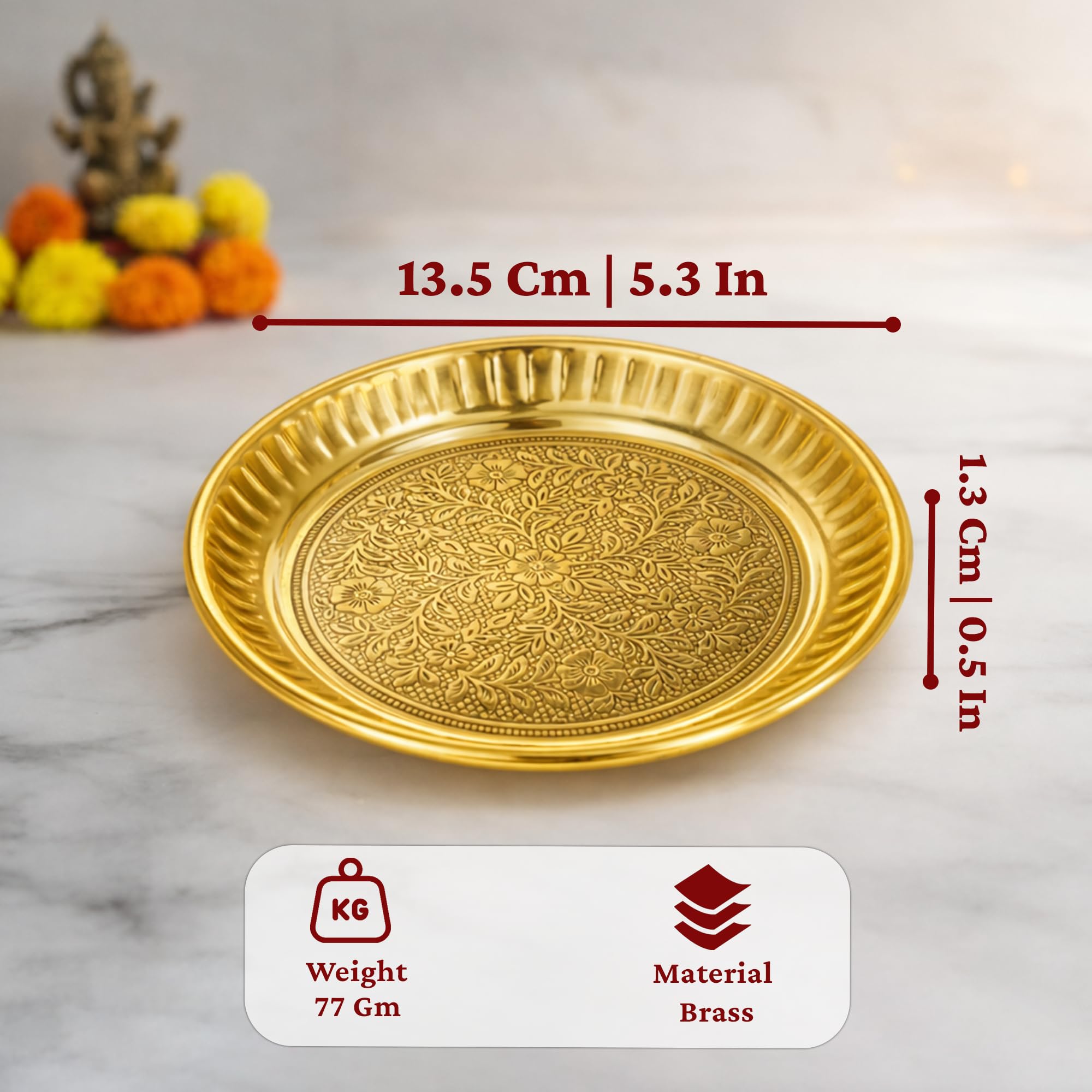 Putrika Traditional Handcrafted Brass Puja | Pooja Thali | Arati Bartan Thambulam| Engraved Designed - Designer Halwa Plate (13cm, 6) 3