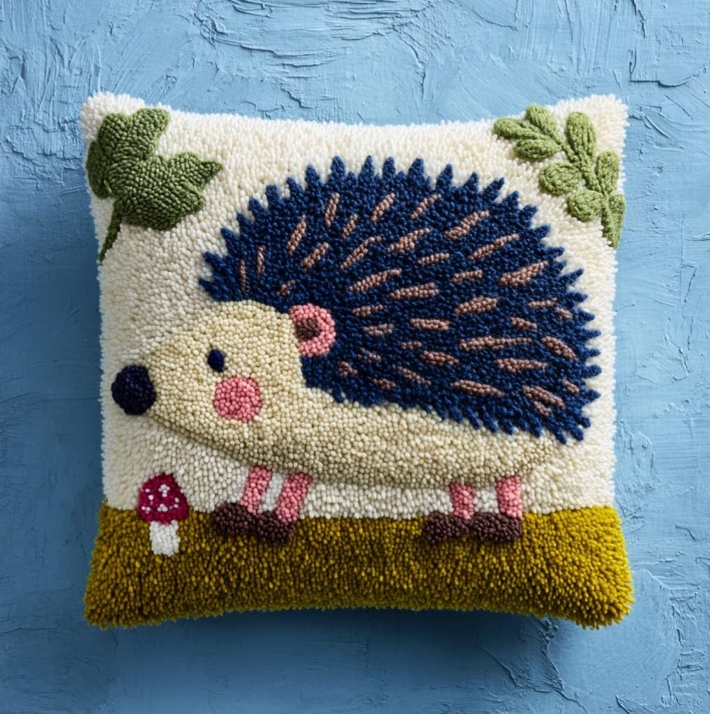 AxiangziK Pre-Printed Latch Hook Pillow Kit for Adults,Animal Hedgehog Beginners DIY Crochet Pillow Kit 17X17Inch Needlework Cushion Cover for Home Sofa Decoration
