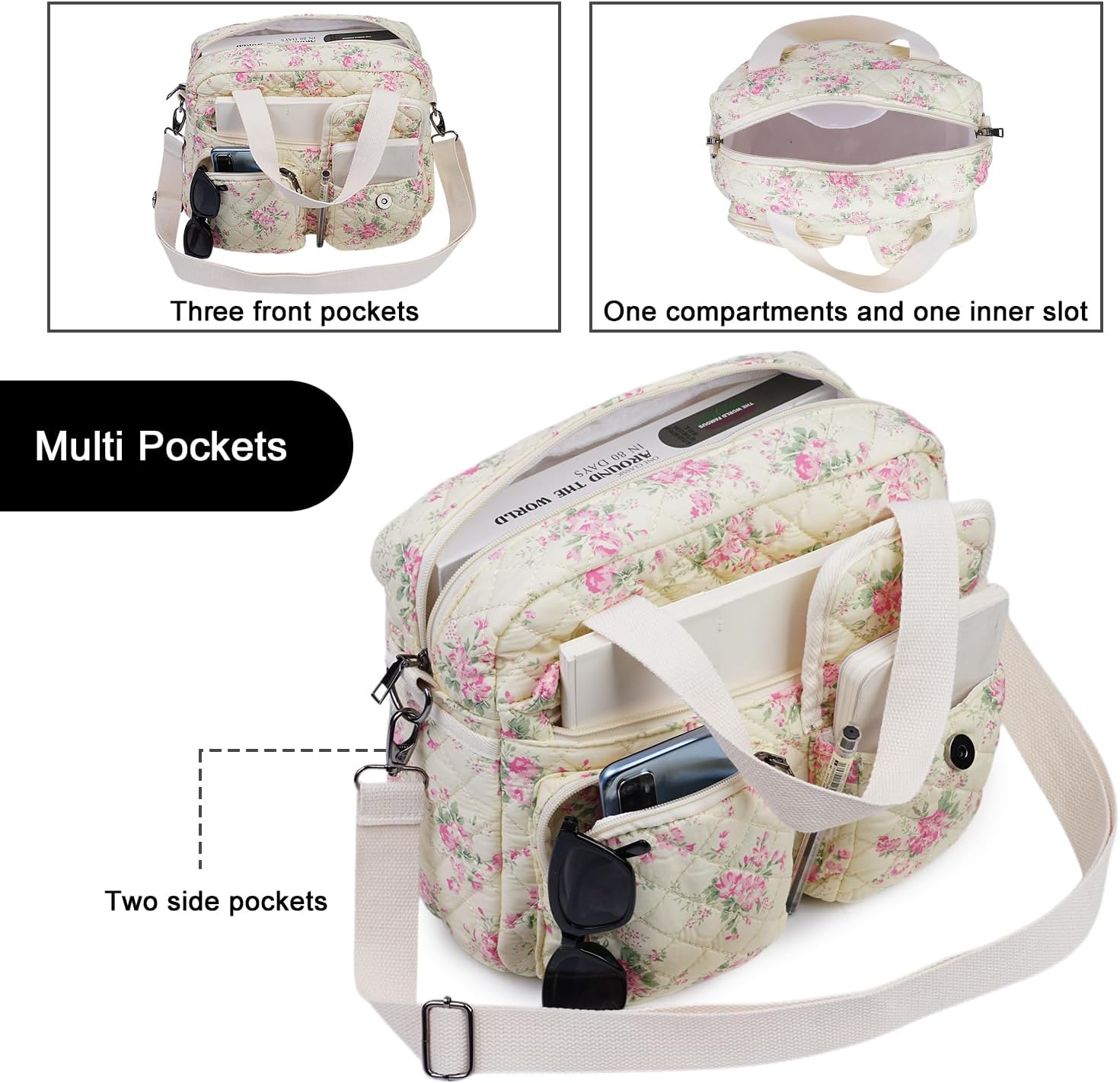 2 PCS/Set Small Cute Floral Quilted Tote Bag with Multi-Pockets for Women, Crossbody Shoulder Everyday Handbags - Image 3