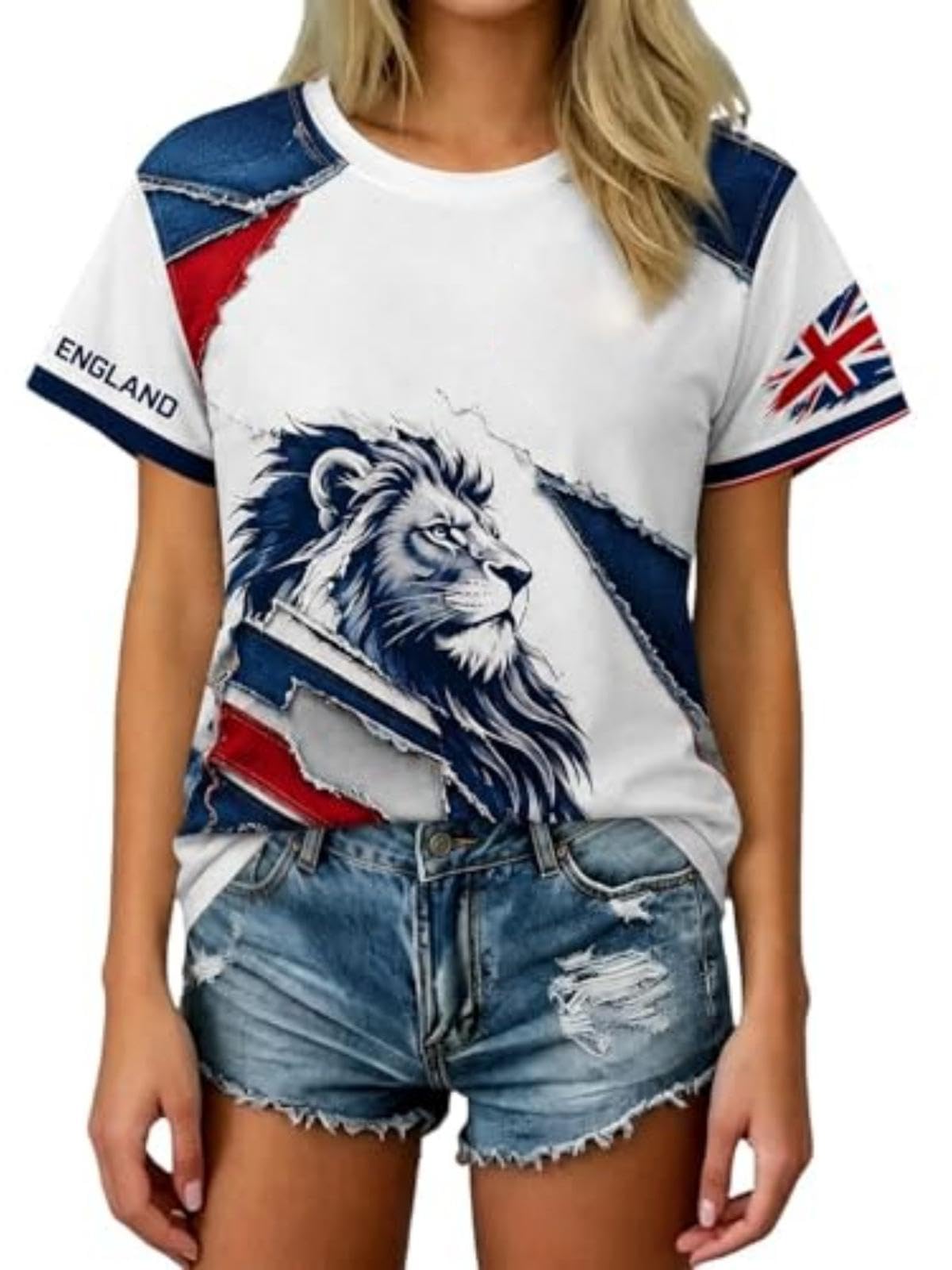 Womens England Football Shirt World Cup 2026 Short Sleeve Jersey Retro Graphic Printed Crewneck Training Tops Lightweight Breathable Ladies Soccer T-Shirt Athletic Shirts Blue