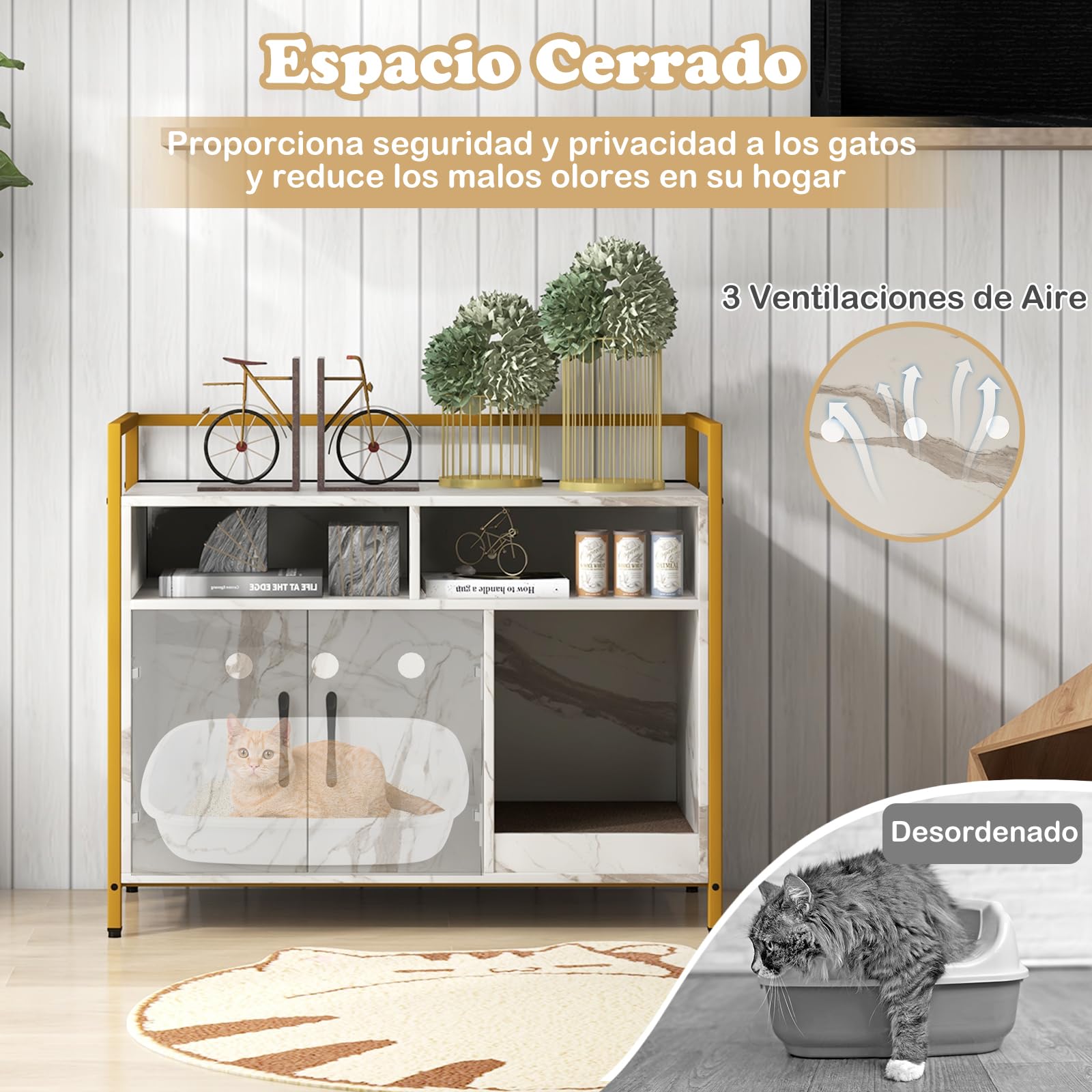 GOPLUS Mueble Arenero para Gatos, Caja de Arena para Gato con Estructura de Metal, Aseo Cerrado con Estantes, Casa de Mascotas Interior, Lavabo Oculto para Mascota, 89 x 45 x 74,5 cm (Mármol)