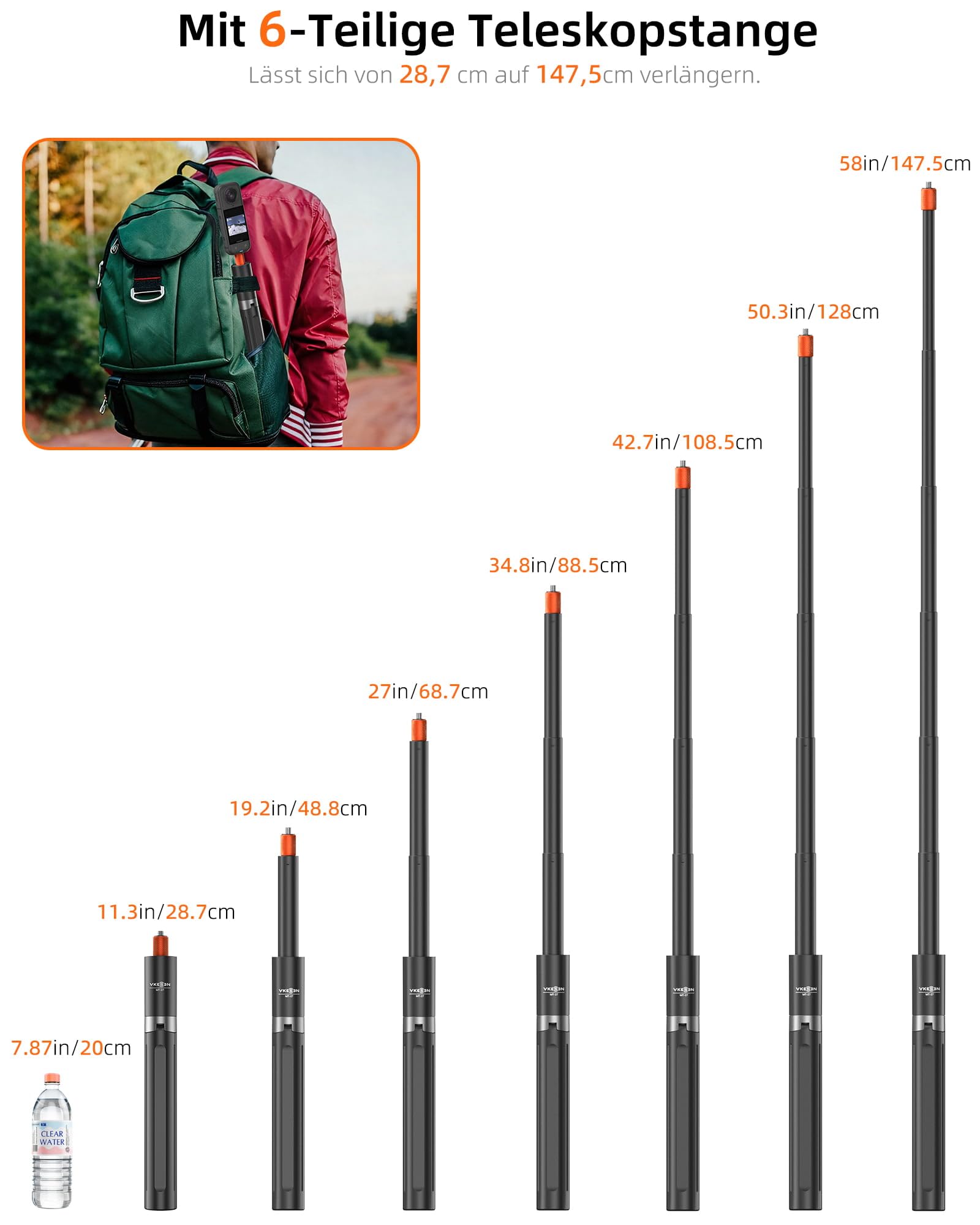 Unsichtbarer Selfie-Stick Stativ für Insta360 X5/X4/GO3S, DJI Osmo 360 usw. | für Actionkamera, 28,7~147,5cm Längenverstellbar, Multifunktional, Leicht, für Vlogs, Reise, Wandern, Skifahren, Gruppenfotos