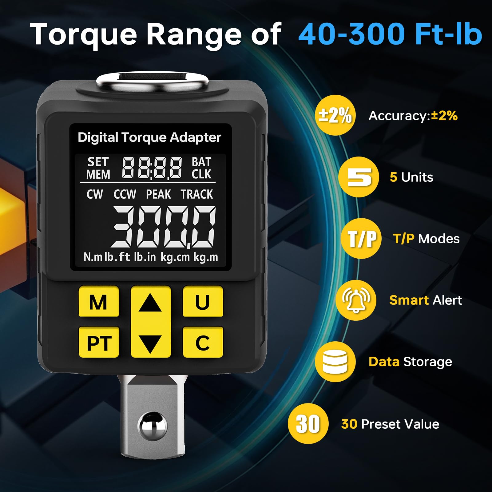 Heavy-duty Digital Torque Adapter, (±1% Accuracy, 40-300Ft-lb), 1/2" Digital Torque Wrench Adapter for Auto, Versatile Meter - Alert | Peak/Track | Preset | Store/Delete, for Machinery Repairs(406N.m) — Amazon image 2
