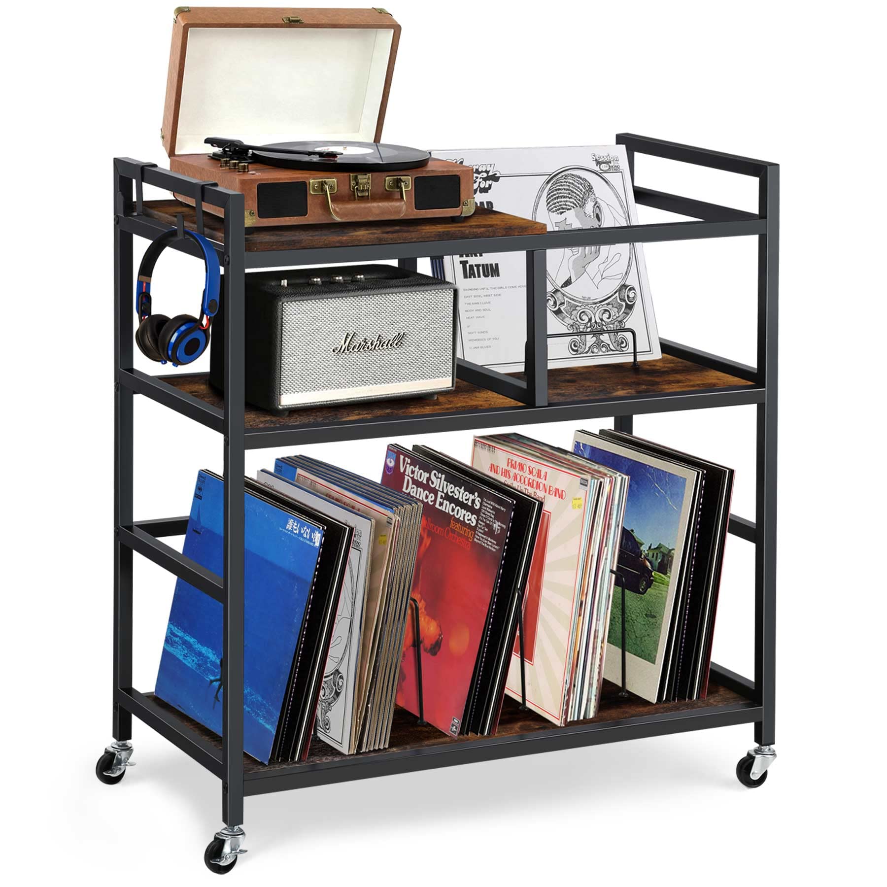 Record Player Stand with Record Storage, Turntable Stand with 3-Tier Vinyl Record Storage for Living Room, Bedroom or Office, Record Player Table Up to 260 Albums, Vinyl Record Holder Cabinet with Wheels