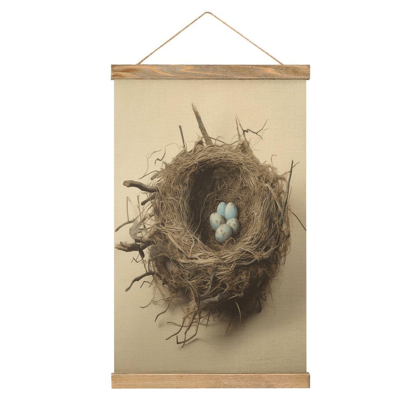 VstaDank Birds Nest Hanging Poster with Wooden Frame Modern Linen Hanging Painting Retro Style Wall Decor Art Painting for Living Room,Bedroom Decor Poster Frame 20.4x13.1inch