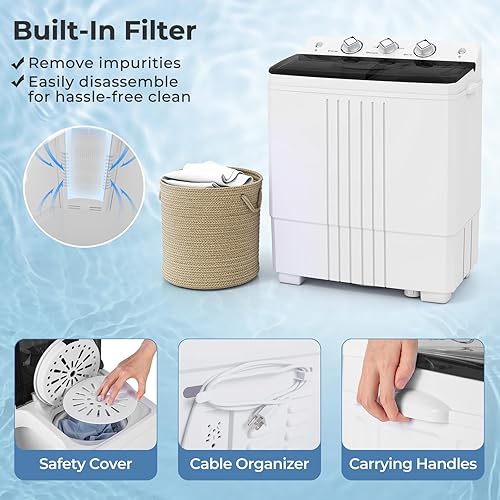 Miniatura 7 de Giantex Lavadora, capacidad de 20 libras, combo de lavadora y giratoria, bañera doble compacta portátil de 12 libras de lavado y 8 libras de giro,