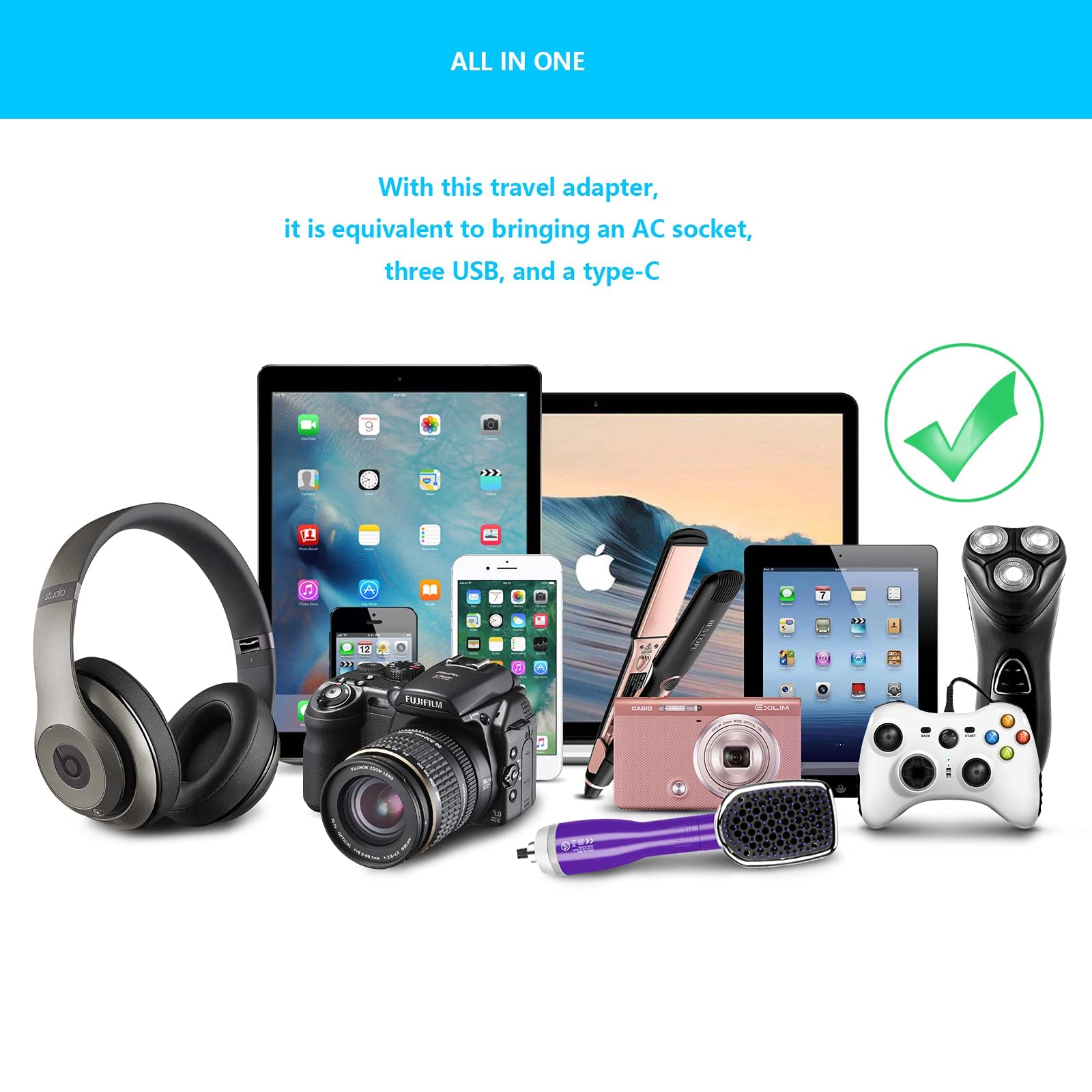 NDDI POWER 5 In 1 Adattatore Universale Da Viaggio Accessorio 45w Presa Universale Da Viaggio Con 3usb-A 1usb-C 1 Ac Per Fotocamere Digitali, Tablet, Supporta Spine Di Tipo A/B/G/E/F ((Us/Uk/Eu/Usa))