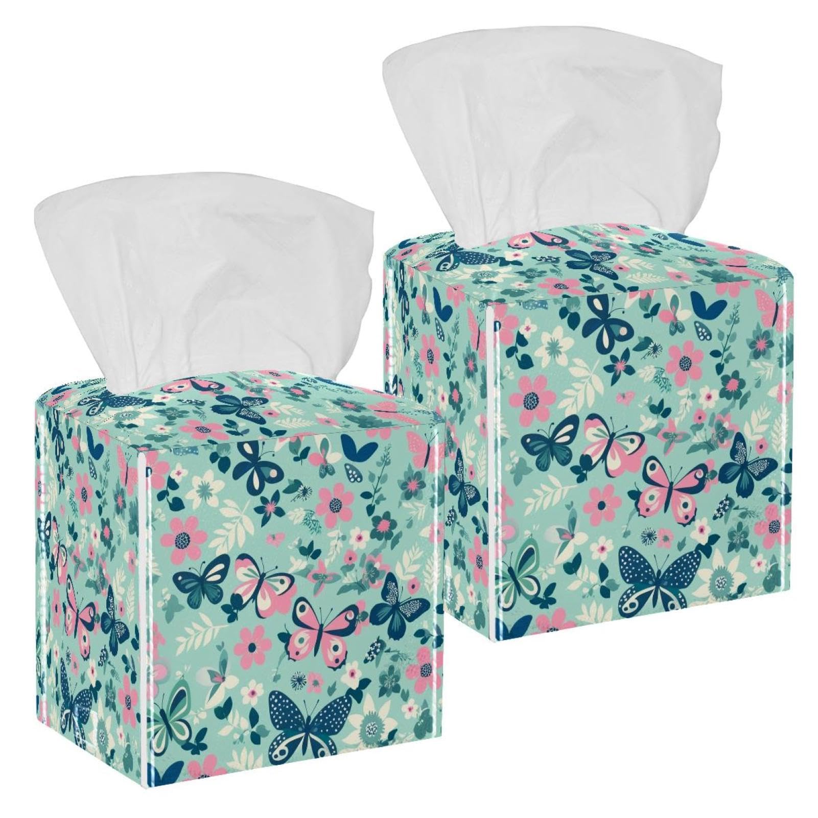 Aesthetic Butterfly Tissue Box Cover, 2 Pack PU Leather Square Facial Tissue Dispenser Box holder for Home Office Car