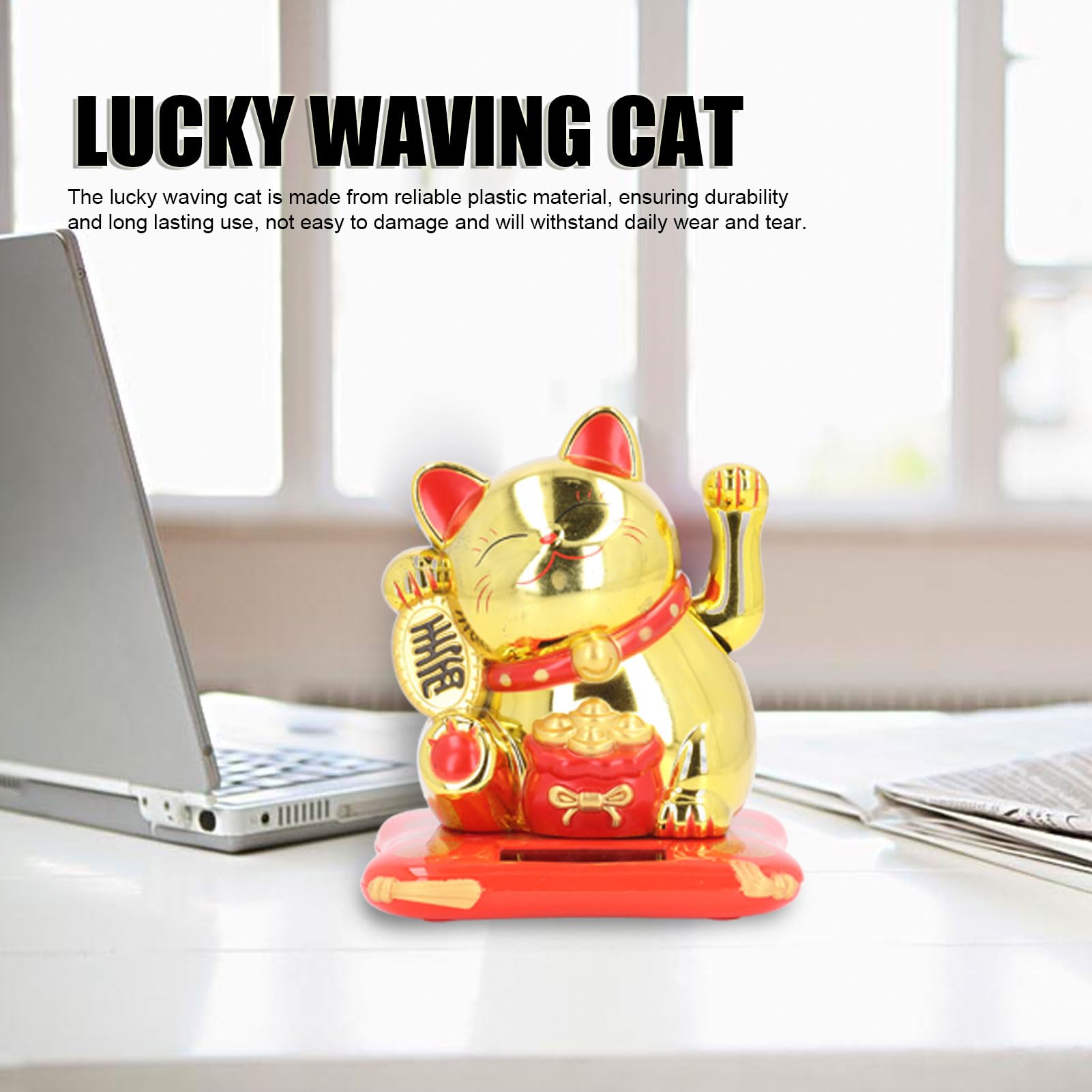 AMAKO Lucky Waving Cat Solar Power Arm Waving Fortune Cat Wealth Welcoming Ornament for Car Cashier Desk Office Home Plastic Lifelike Handcrafted Decorative Gift