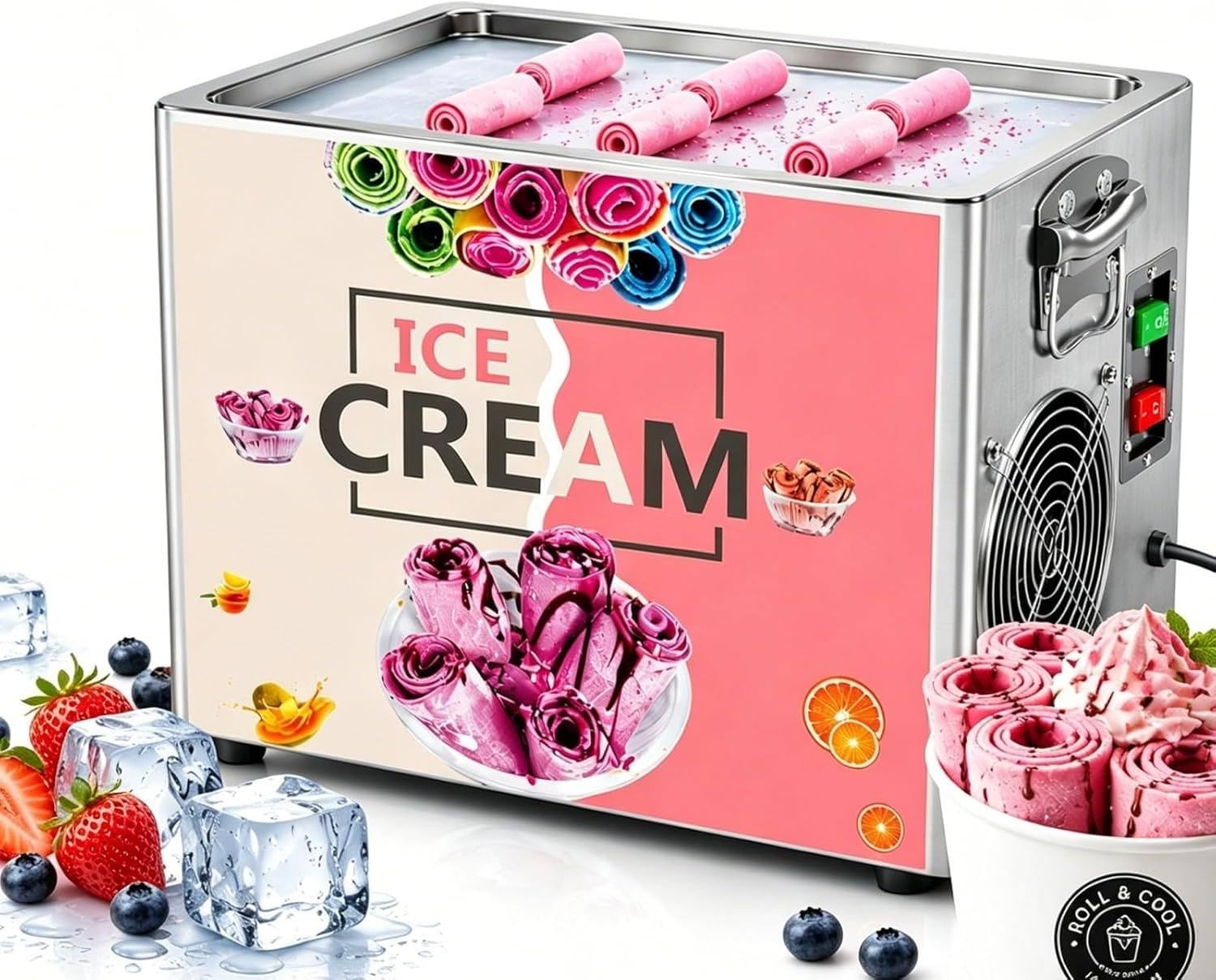 FJYAWEN Commercial Countertop Single Square Pan Fried Ice Cream Machine, Fry Ice Cream Roll Machine, Instant Roll Ice Cream Maker Features an Automatic Defrost Function