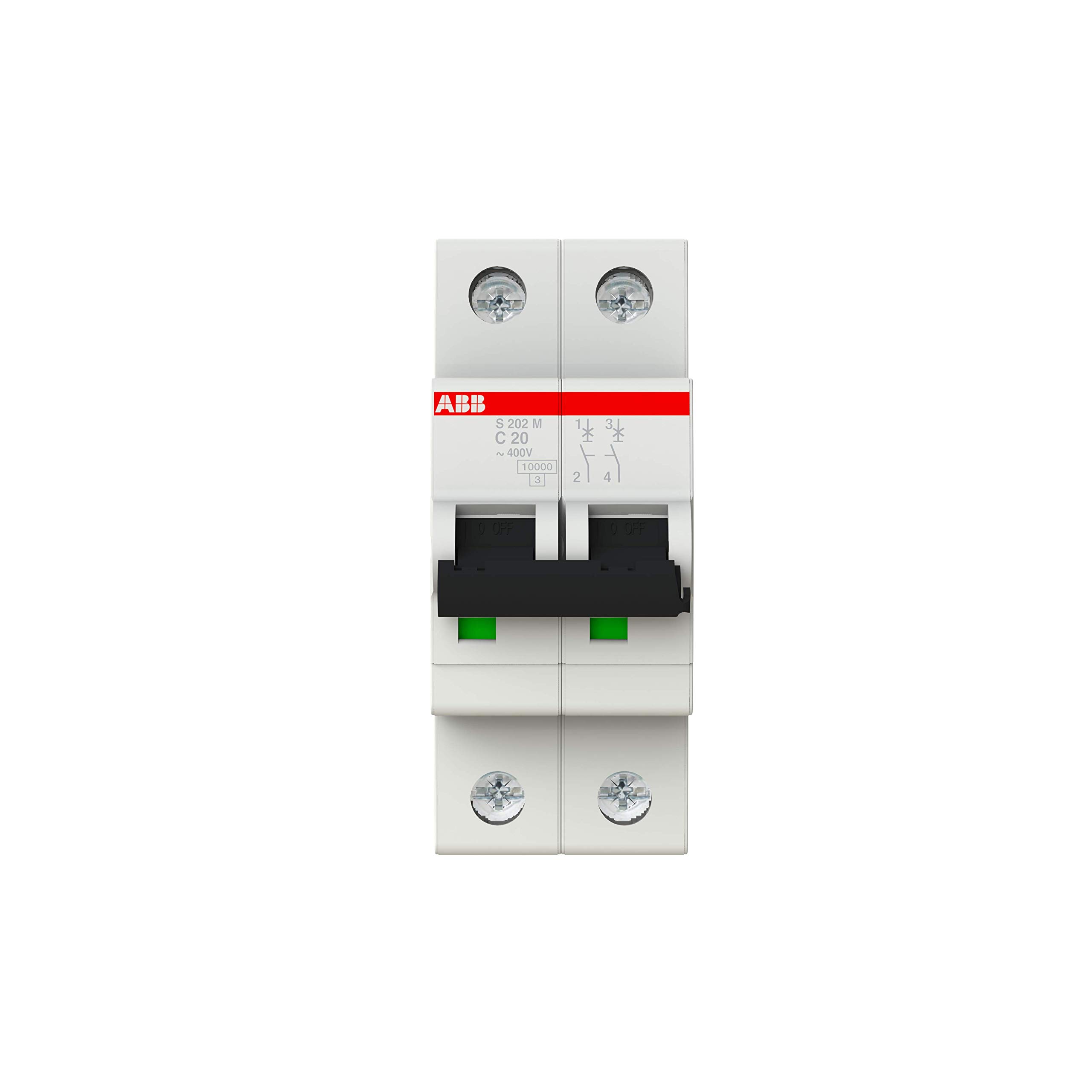 ABB S202M-C20 Miniature Circuit Breaker, 2 Pole, Type C, 10/15kA Breaking Capacity, 20 Amp Current (2CDS272001R0204)