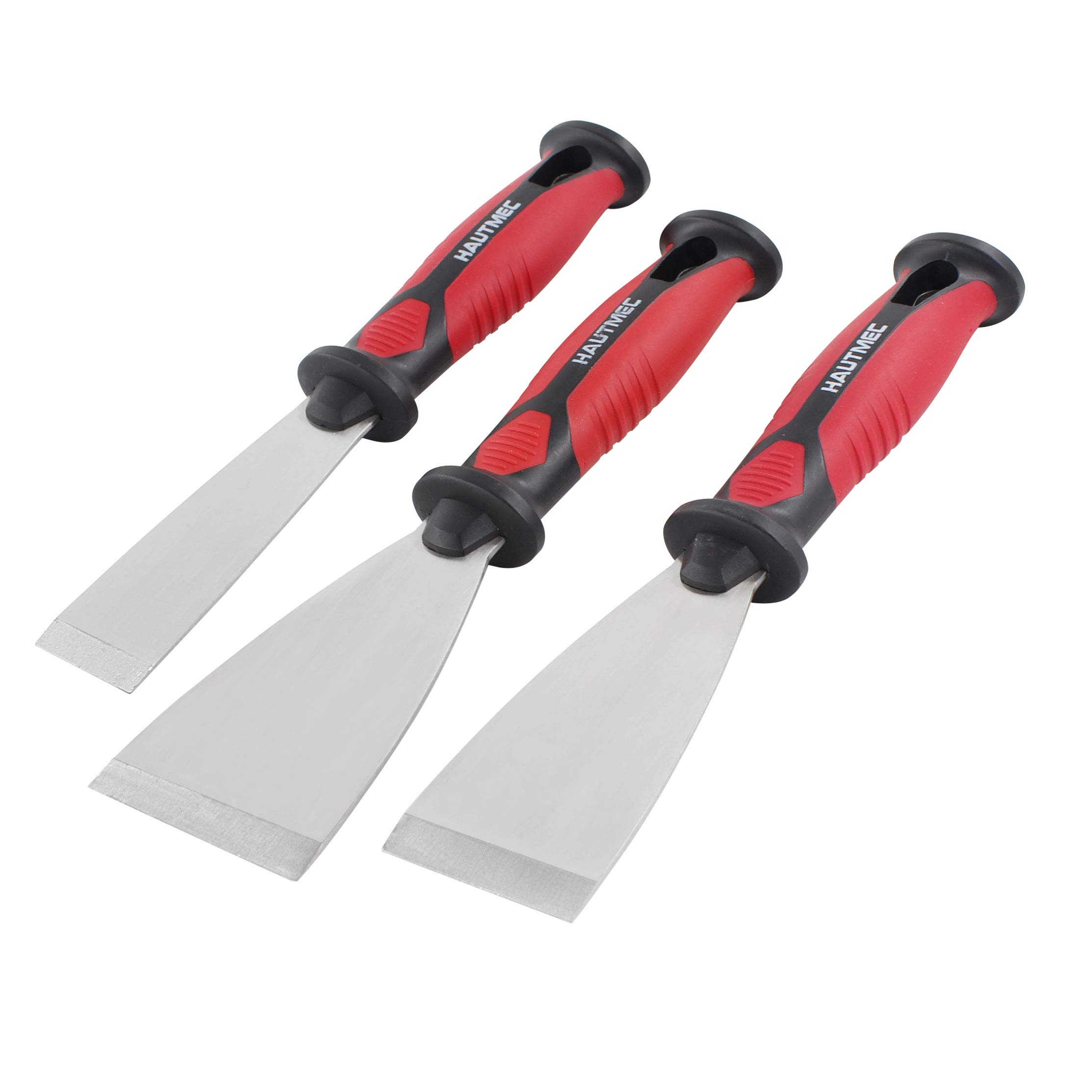 HAUTMEC 3pc Putty Knife Set, 1.25 in - 2 in - 3 in Paint Scraper, Flat Heavy Duty Stainless Steel Blade and Hammer End for Removing Wallpaper for Puttying Plaster, Cement HT0062-PT