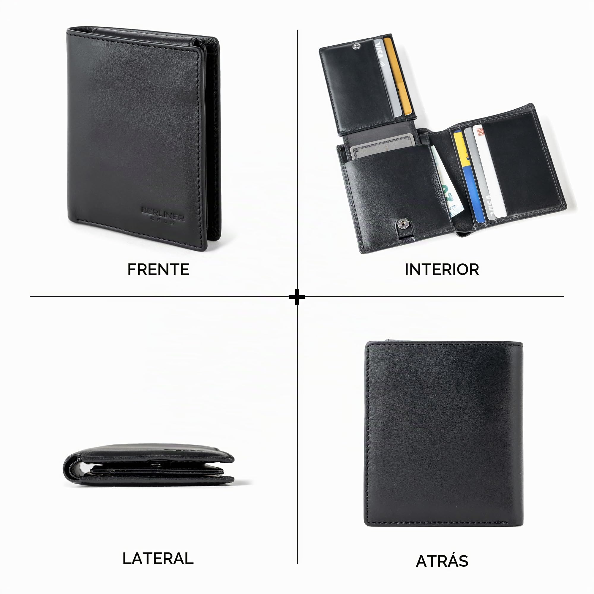 Berliner Bags Cartera Hombre de Piel Enzo, Billetera con Tarjetero Extraíble, Protección RFID y Compartimentos para Documentos - Negro