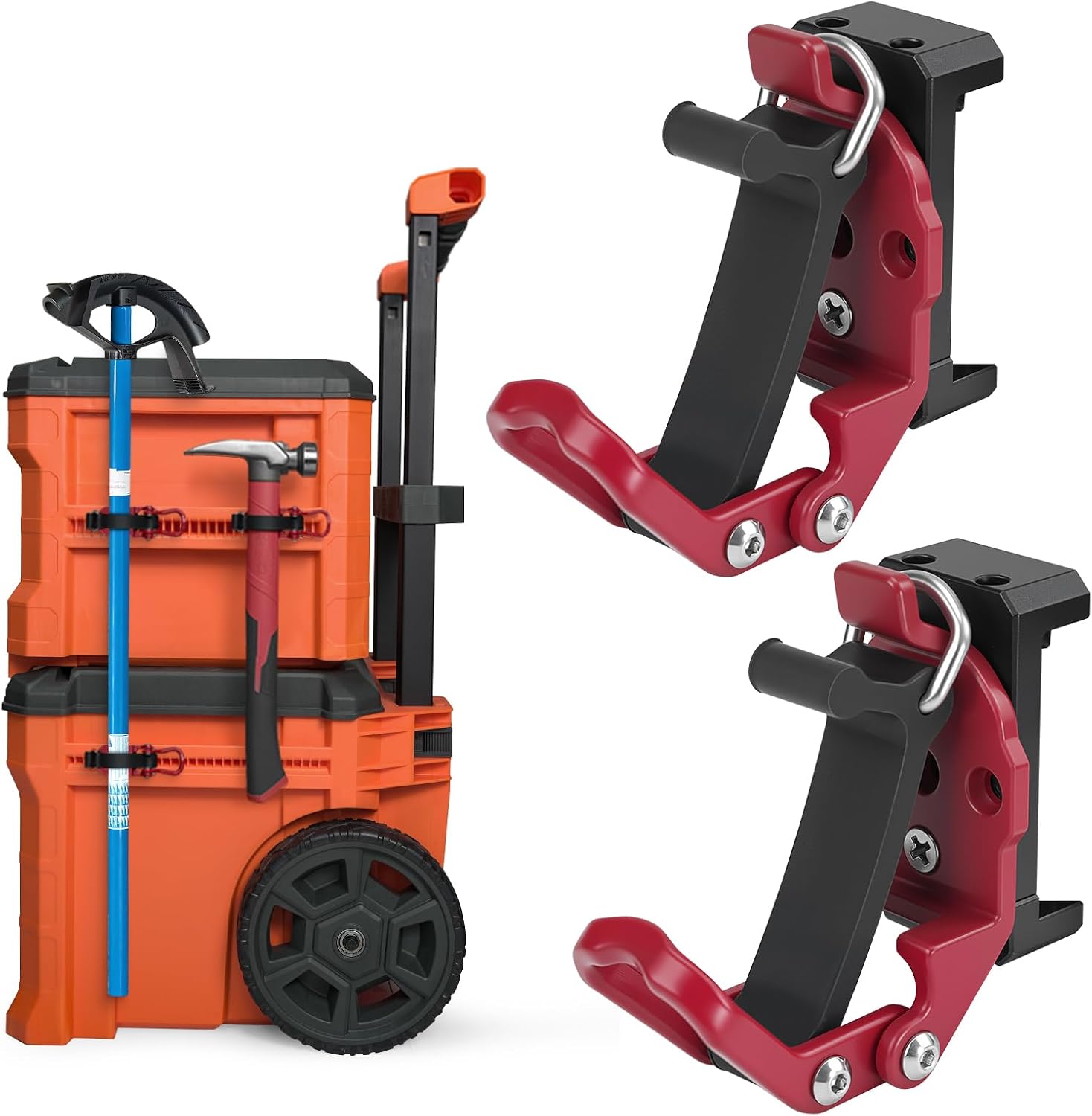 2 Pcs Long Handle Tool Holder Compatible with Klein MODbox Toolbox,Quick-Release Metal Rubber Clamp Mount for Axe, Shovel, Brooms, Rakes,Extension Pole & Conduit Bender