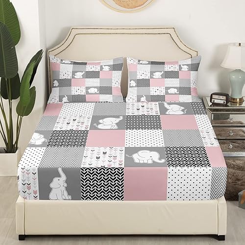 Bonita sábana bajera ajustable de elefante, tamaño matrimonial, con temática de animales encantadores, diseño de cuadrícula rosa, ropa de cama de