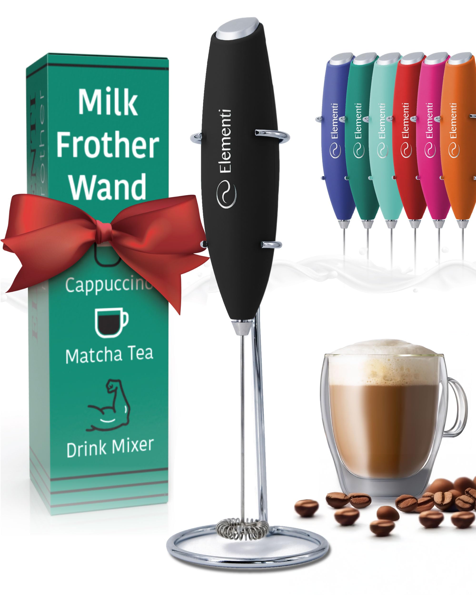 Elementi Milk Frother Wand & Drink Mixer with Stand - Turbo Milk & Coffee Frother Handheld - Hand Held Coffee Mixer Wand & Cold Foam Maker for Frothy Cappuccinos, Lattes & Drink Mixes at Home - Black
