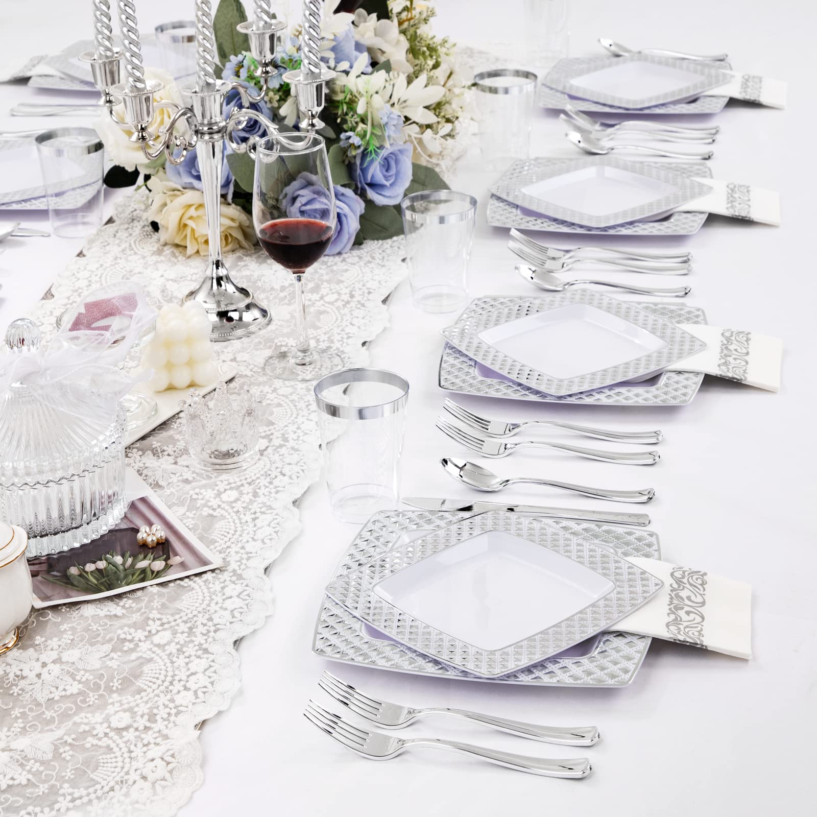 I00000 175PCS Silver Plastic Square Plates with Disposable Silverware