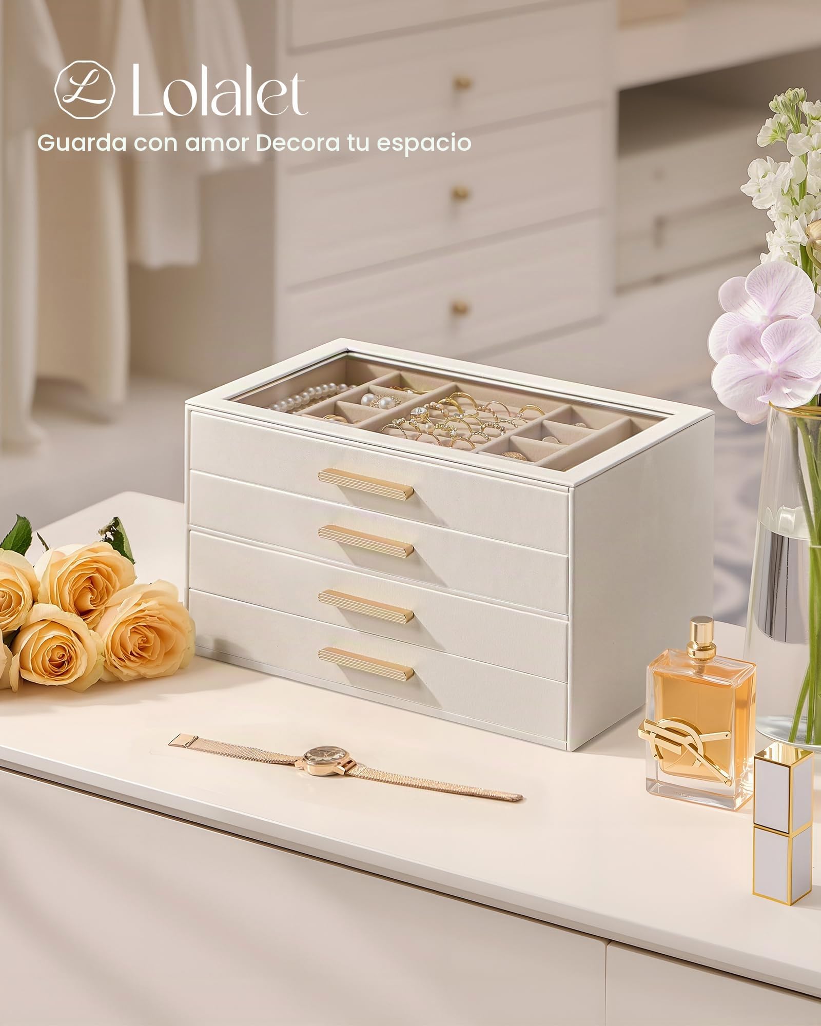 Caja Organizadora de Joyas 4 Niveles con Tapa de Vidrio, Joyero para Anillos Pendientes Pulseras Collares, Estuche Almacenamiento Mujer, Beige