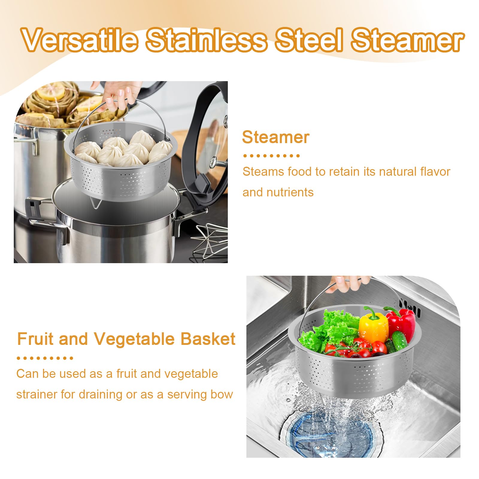 Panier Vapeur Inox 20cm - Pour Cuisson Saine, Légumes, Poisson - Compatible Toutes Casseroles - Acier 304 Lave-vaisselle