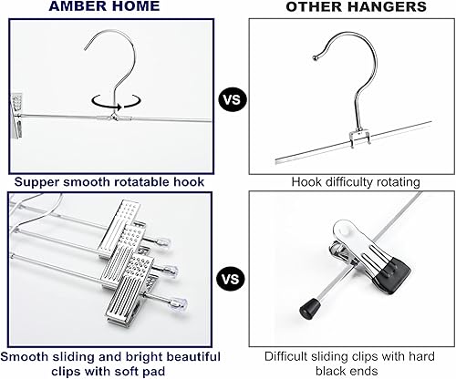 Miniatura 3 de Amber Home Perchas de metal resistentes para pantalones paquete de 50 perchas de metal cromado con clips ajustables y gancho fácil de girar ganchos