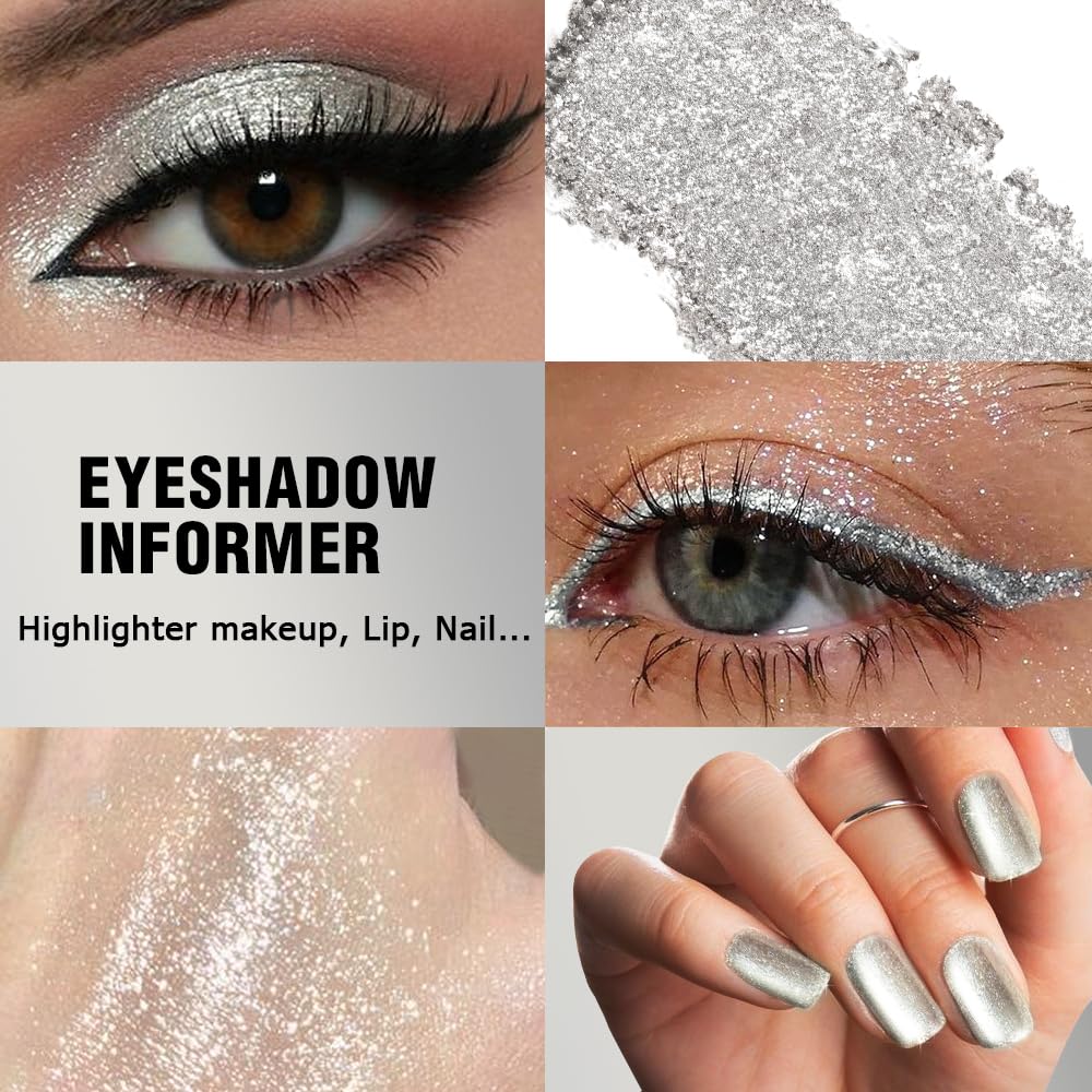 Afflano Silver Glitter Eyeshadow Palette Super Pigmented, Single Parkle Shimmer Silver Eyeshadow Palette - Image 3