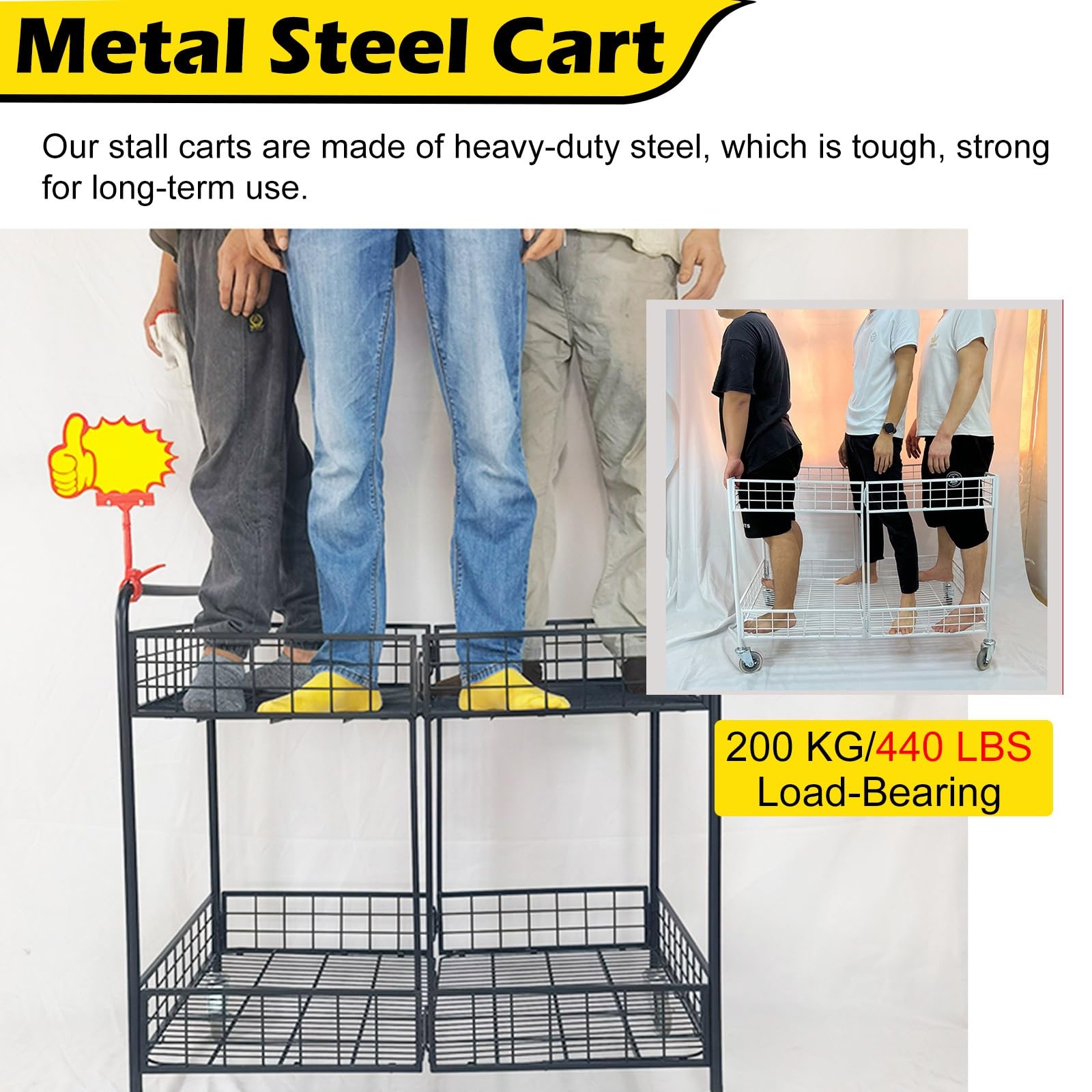 Carritos de Mercado, Carrito Plegable de Metal para Catering con toldo Amarillo y Blanco, Carrito portátil para vendedores de Comida, Puesto de Mercado al Aire Libre para Venta Ambulante, 90