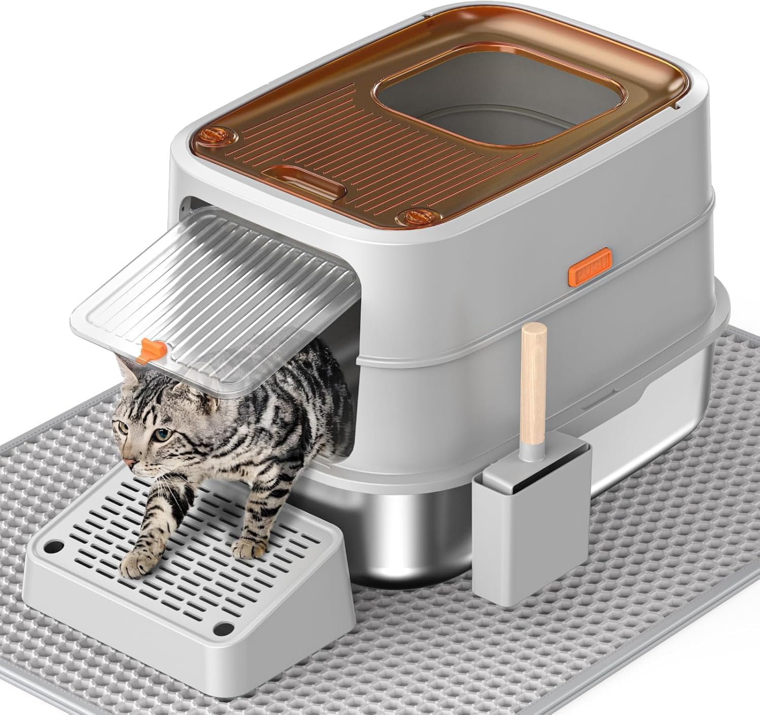 HTii-ë® Stainless Steel Cat Litter Box, Extra Large Box for Cats, Enclosed Metal Kitty Litter Box with Litter Scooper, Odor-Urine-Proof, Non-Sticky, Easy Rinse Cleaning (Translucent-Tawny Grey)