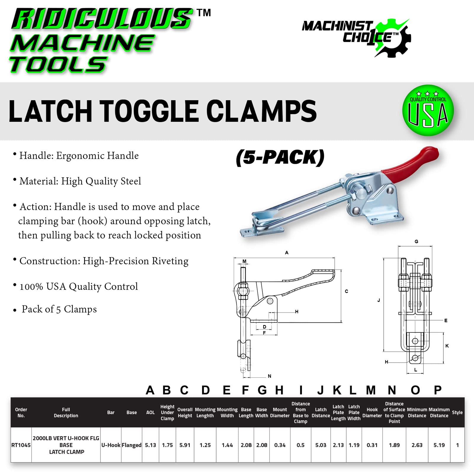 2000LB VERTICAL U-HOOK FLG BASE LATCH CLAMP