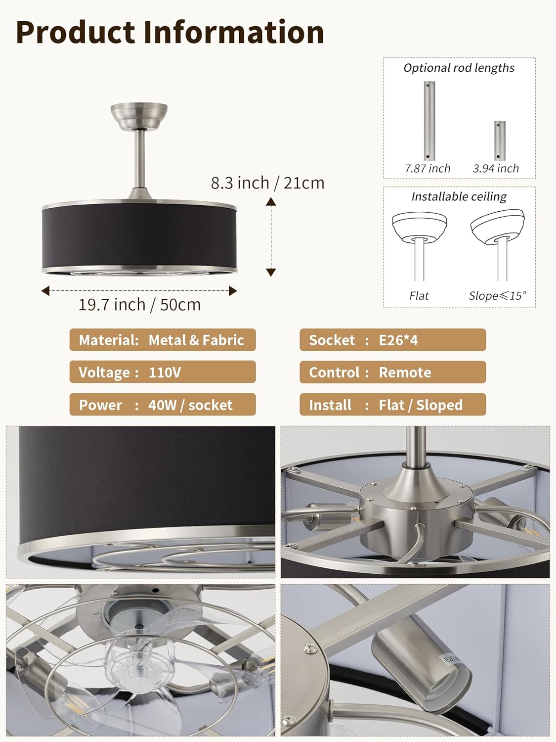 20" Caged Farmhouse Rustic Fandelier Ceiling Fans with Lights, Black and Silver Ceiling Fan with Light Remote Control, Mid-Century Chandelier with 6 Speeds for Bedroom,Living Room, Nursery