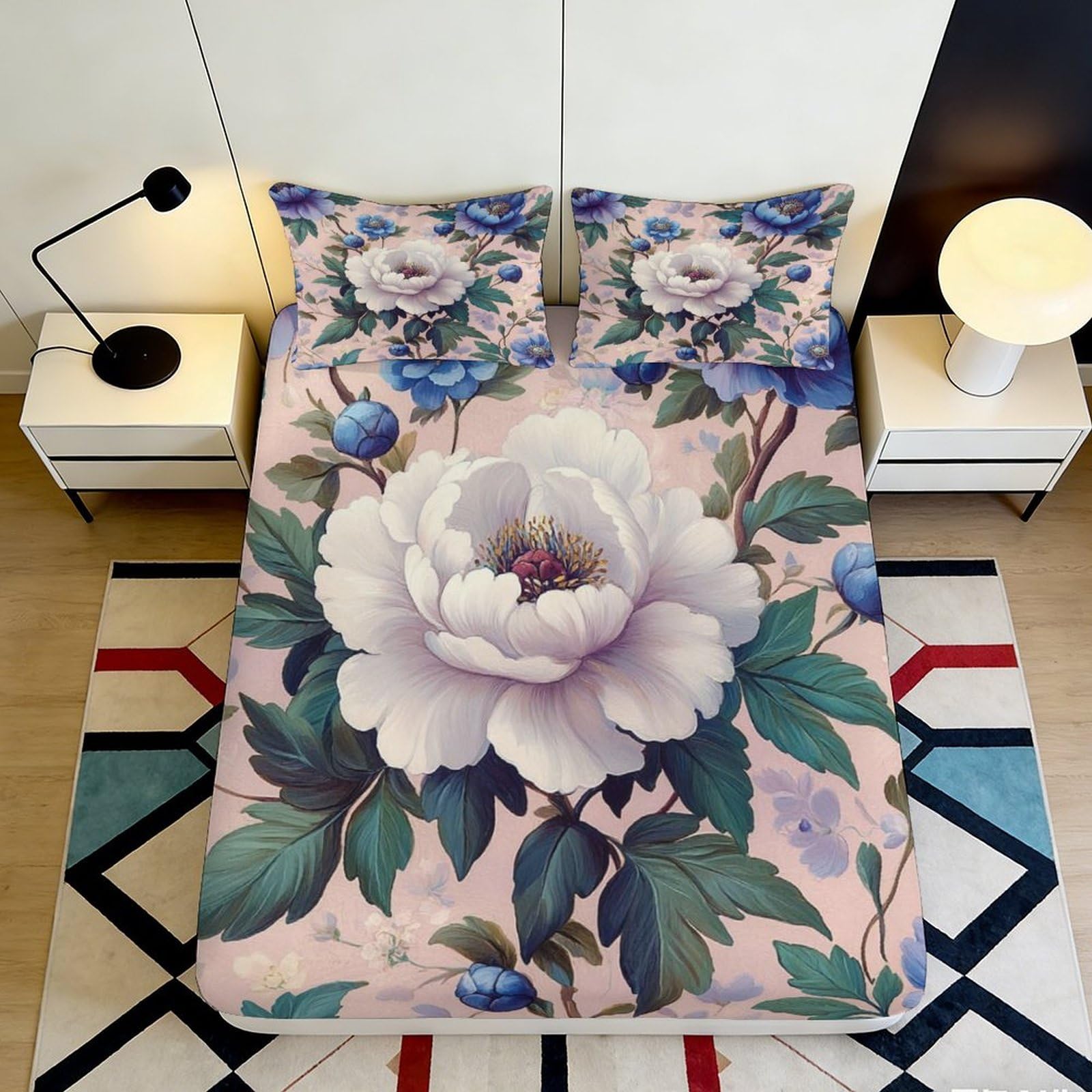 Pnayamiorkfel Style-1 3D Printed Peony Blossom Fitted Sheet Microfiber Floral Art Bed Cover Non-Slip Washable For Bedroom Guestroom 90X200x25cm