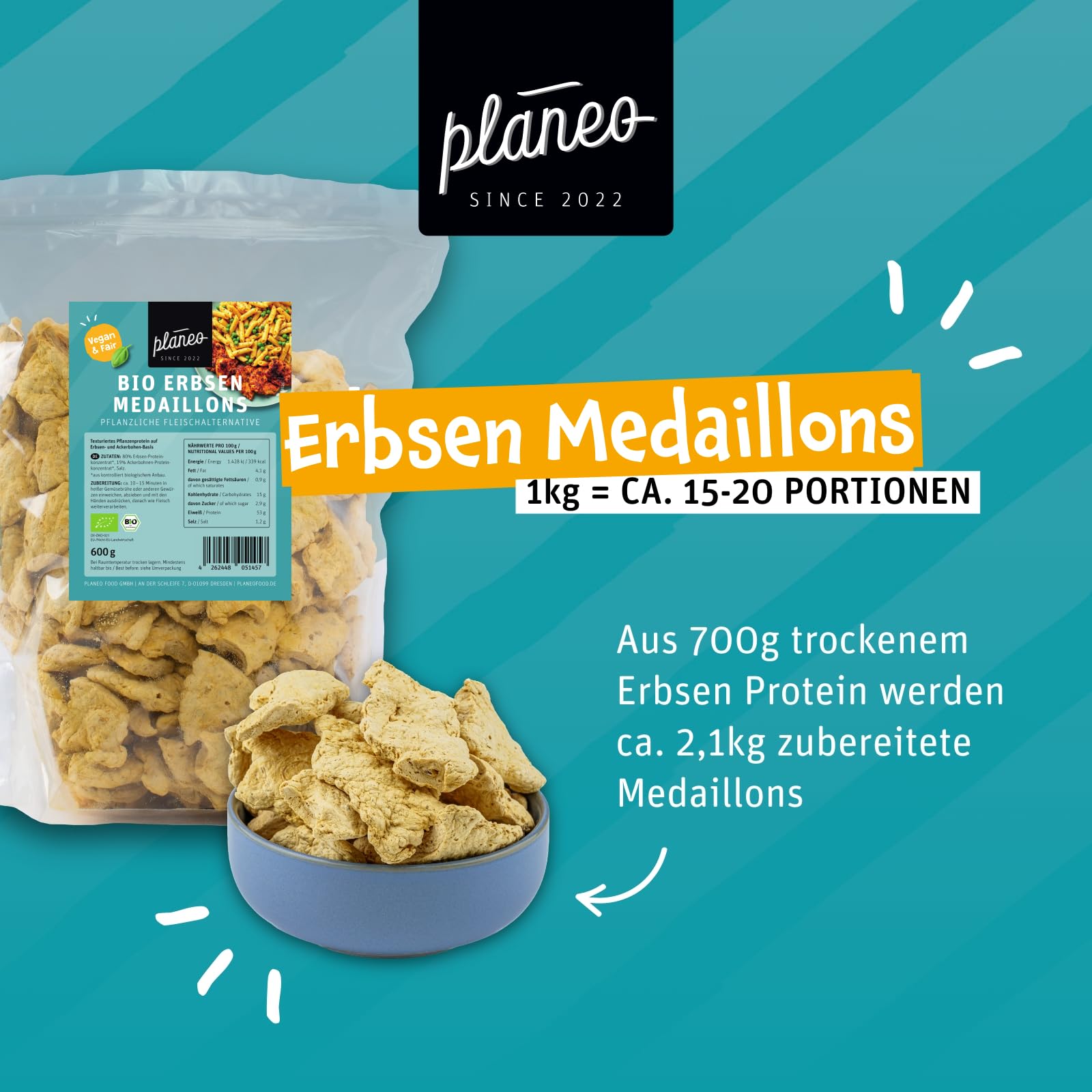 Planeo Bio Erbsen Medaillons 600g - Vegane Fleischalternative aus Erbsen und Ackerbohnen, Hoher Proteingehalt