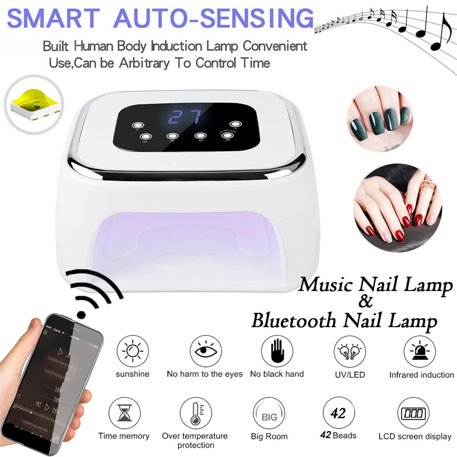 Asciuga unghie Altoparlante Bluetooth Lampada per unghie Gel per asciugatura Asciuga smalto per unghie Lettore musicale Luce per polimerizzazione per unghie Lampada per unghie LED Timer