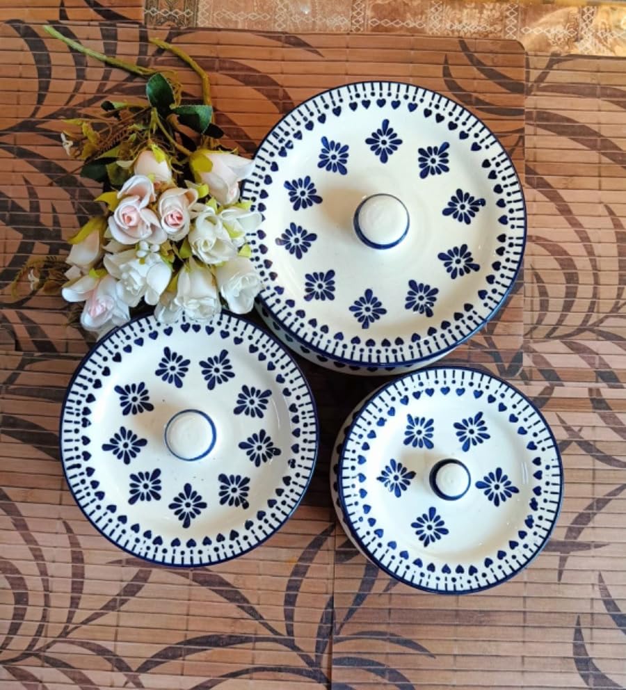 Image of Niyara Stoneware Handmade Ceramic Handpainted Multipurpose Storage Ceramic Jars & Containers with Lid Microwave Dishwasher Safe(Set of 3,) - Kitchen Storage /Serving Snacks Dish (Blue Berry)