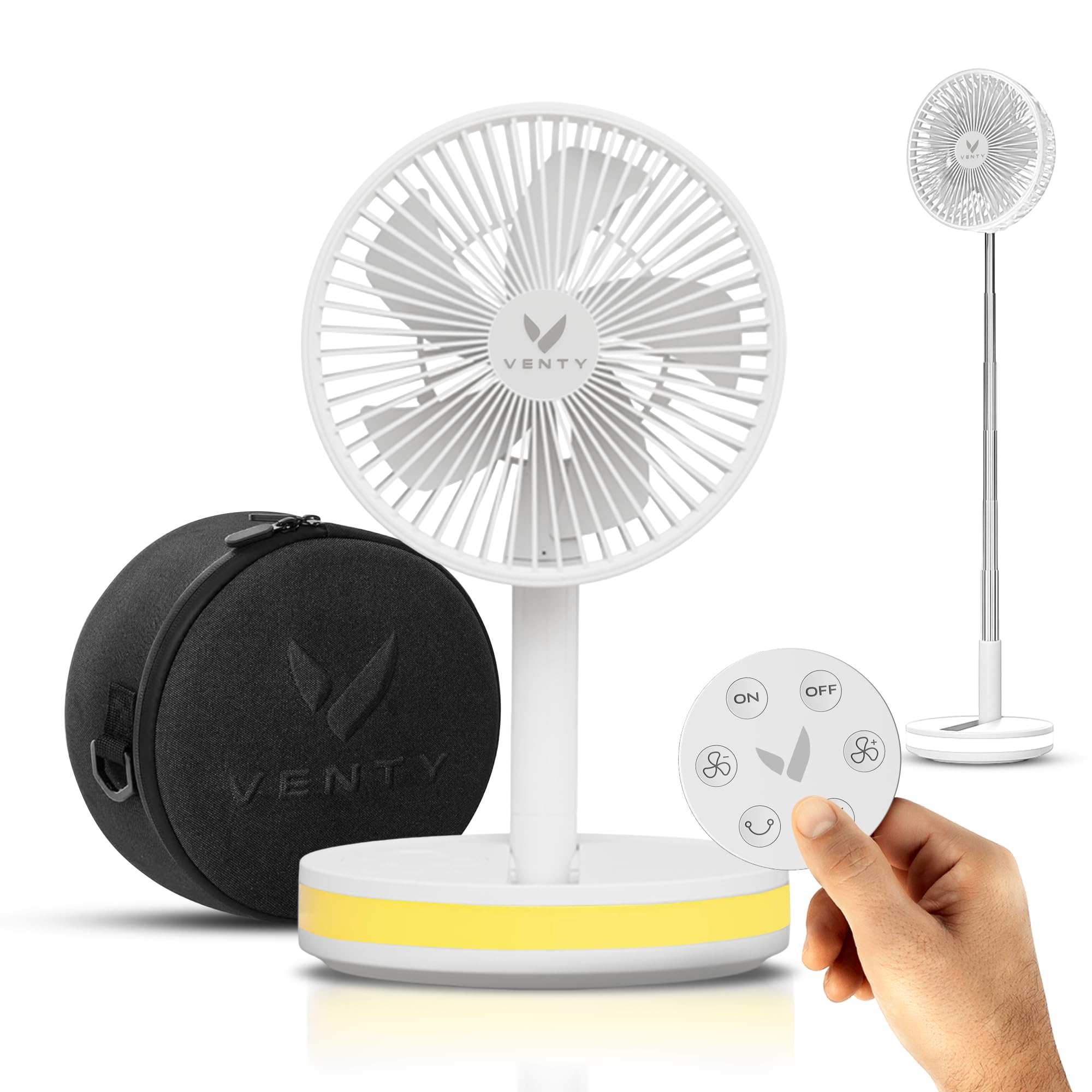 Venty Ventilador Portátil Plegable con Batería Recargable - Ventilador con Mando a Distancia - 4 Velocidades, Compacto, Ajustable - Con Funda Transporte y Puerto Carga USB - Foldable Portable Fan