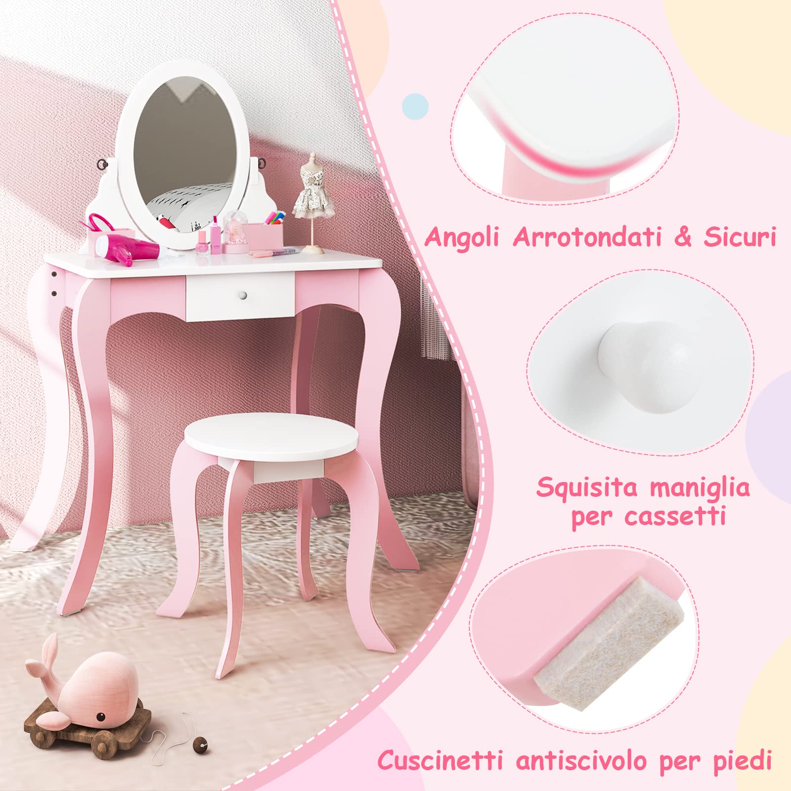 Toeletta Trucco Bambina 2 In 1 - Specchiera Girevole Con Sgabello, Cassetti E Scrivania, Bianco 70x34x105cm